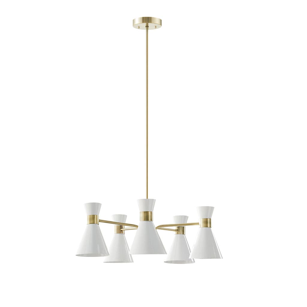 Ezra Mid-Century 5-Light Chandelier in Antique Brass with White Shades