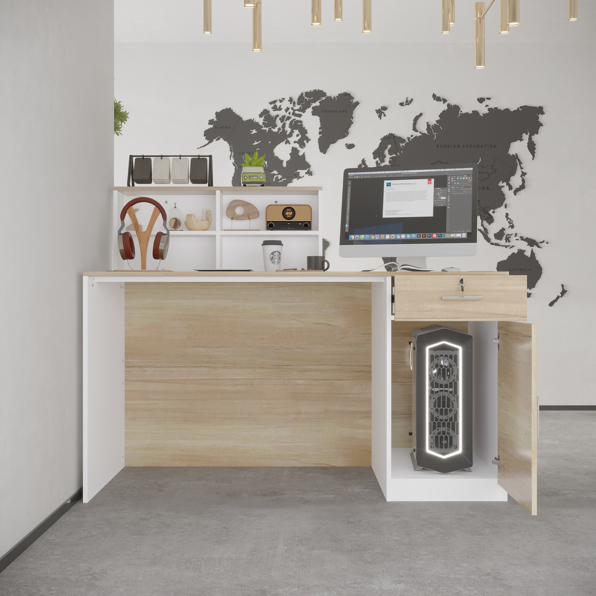 Desk setup with large monitor and open shelves, world map