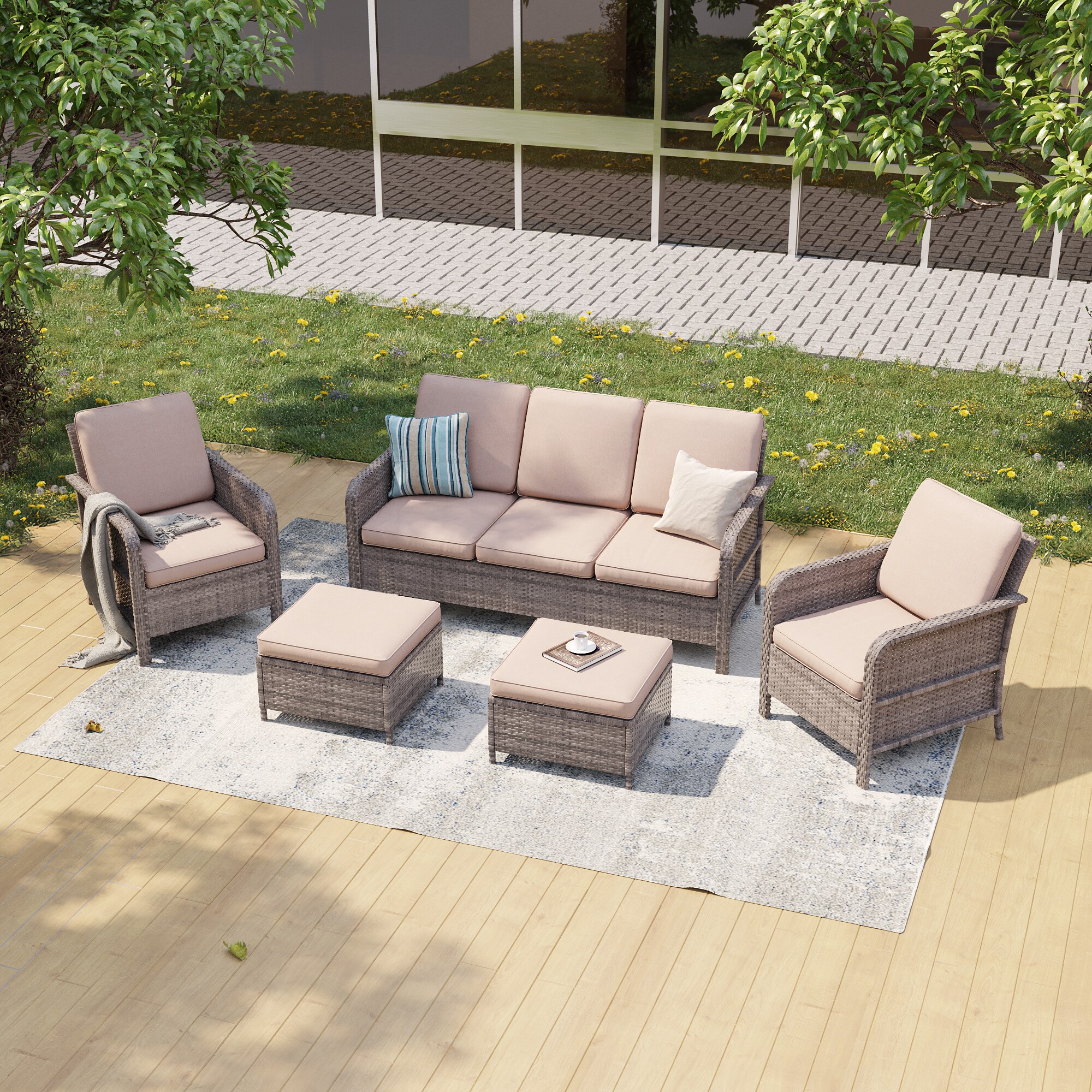 Sonkuki SD-BN615SD-C3 5 -Piece Wicker Patio Sofa Conversation Set with Tan Cushions