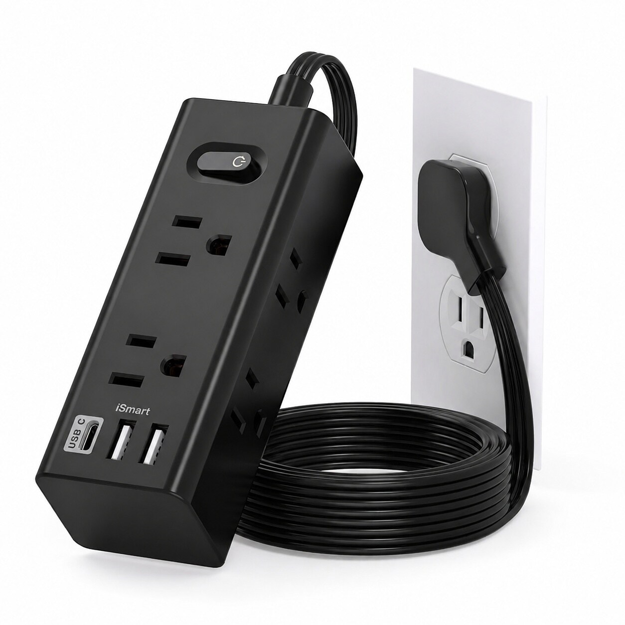 Justincity  5 Ft Extension Cord Power Strip with Six Outlets and Three USB Ports Including One USB C Flat Plug Surge Protector Black