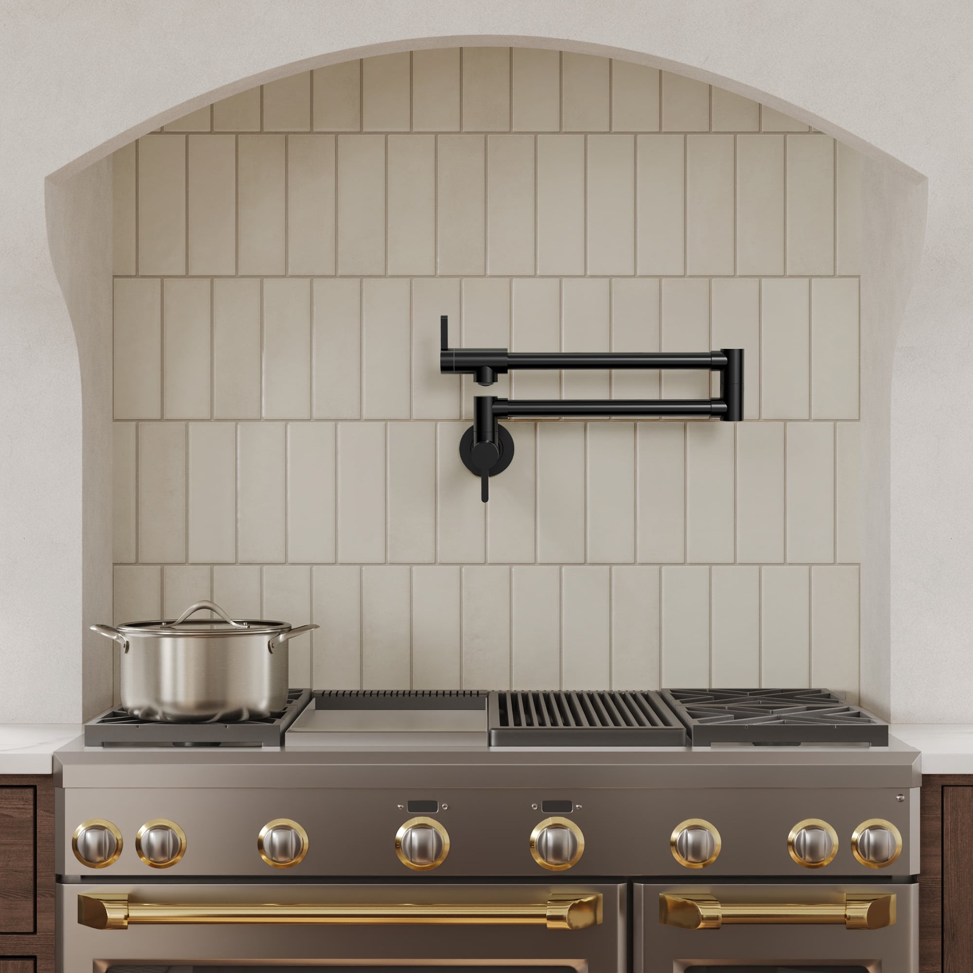 GRANDJOY  26 in. Bass Body Matte Black Wall-Mount 2-Handle Pot Filler Faucet with Dual Swing Arms Spot Resist 1.8 GPM