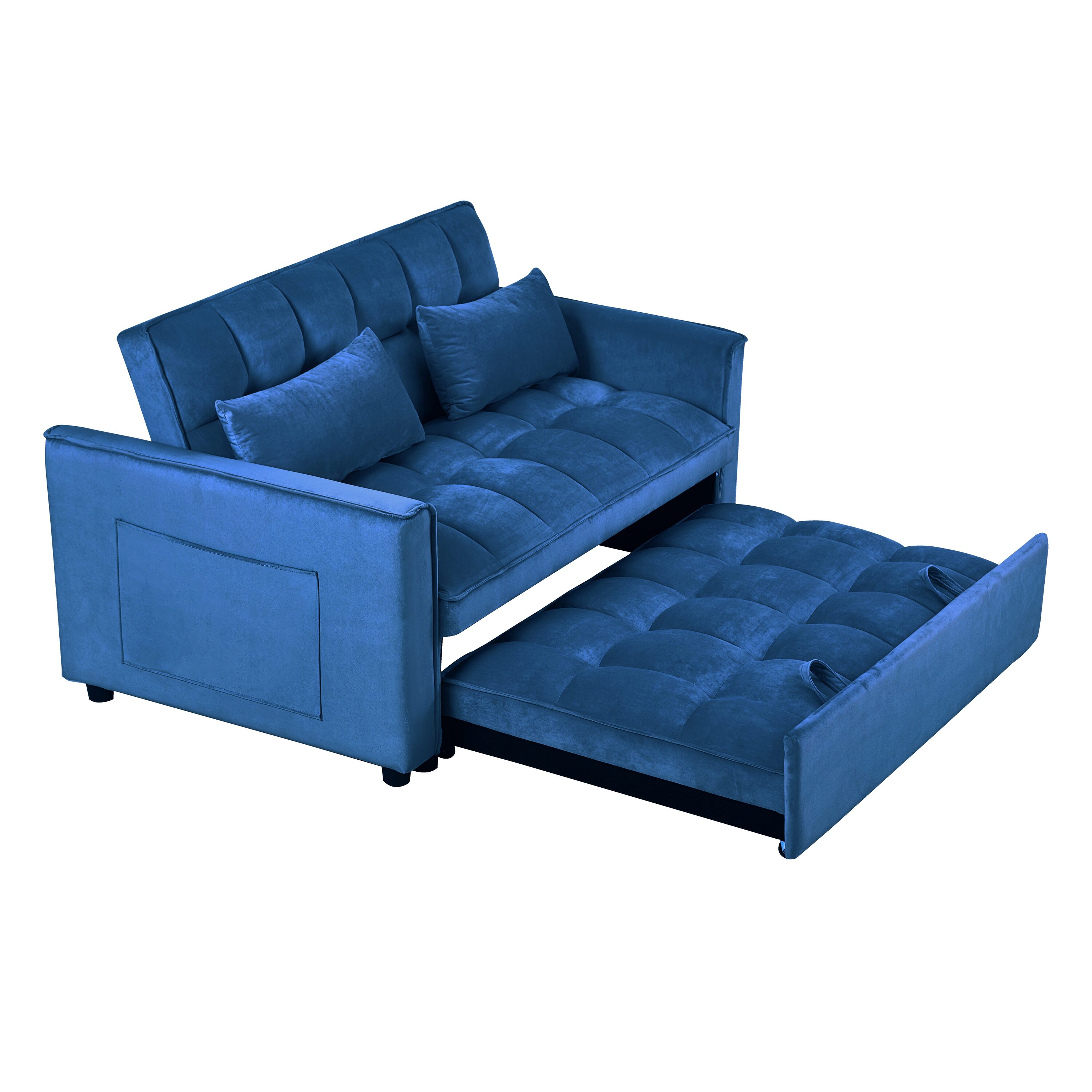 Misty Moon Blue Velvet Convertible 3 in 1 Sleeper Pull Out Adjustable Backrest Armless Chaise Lounge with Pillows Side Pockets for Living Room Apartment