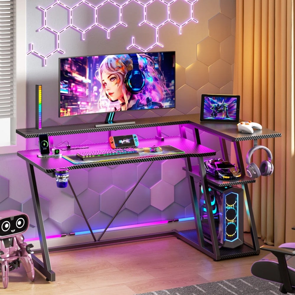 Furologee 55 Inch Gaming Desk with Power Outlet and LED Lights Corner Computer Desk with 3 Tiers Storage Shelves L Shaped Gaming Desk with Monitor Stand for Bedroom