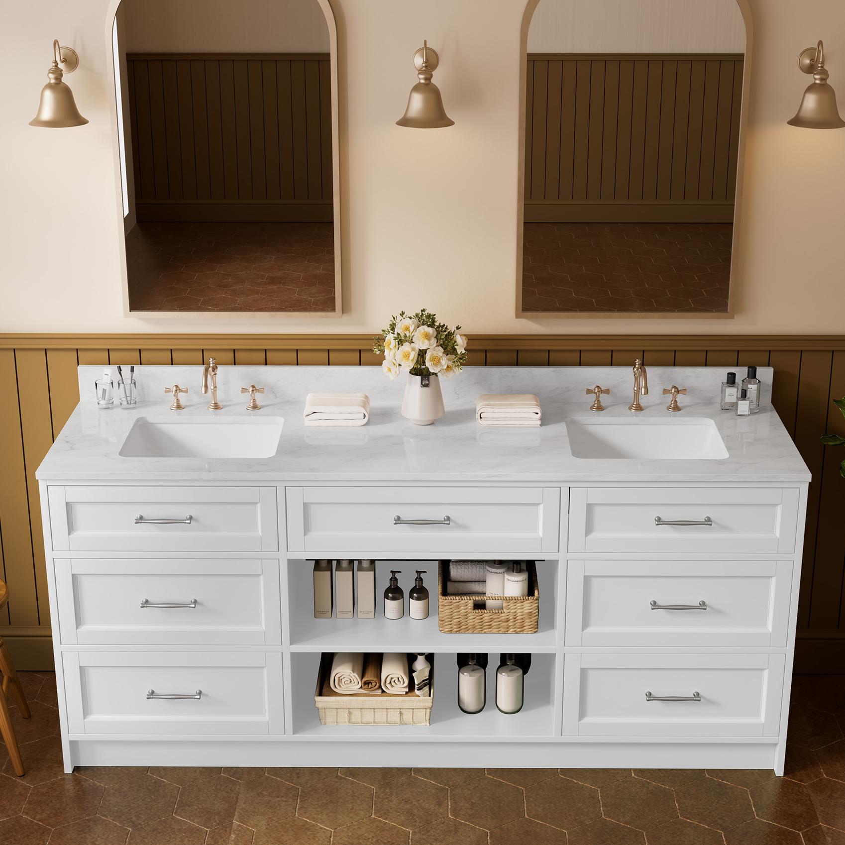 JEAREY Standard Size 72-in White Double Sink Bathroom Vanity with White ...