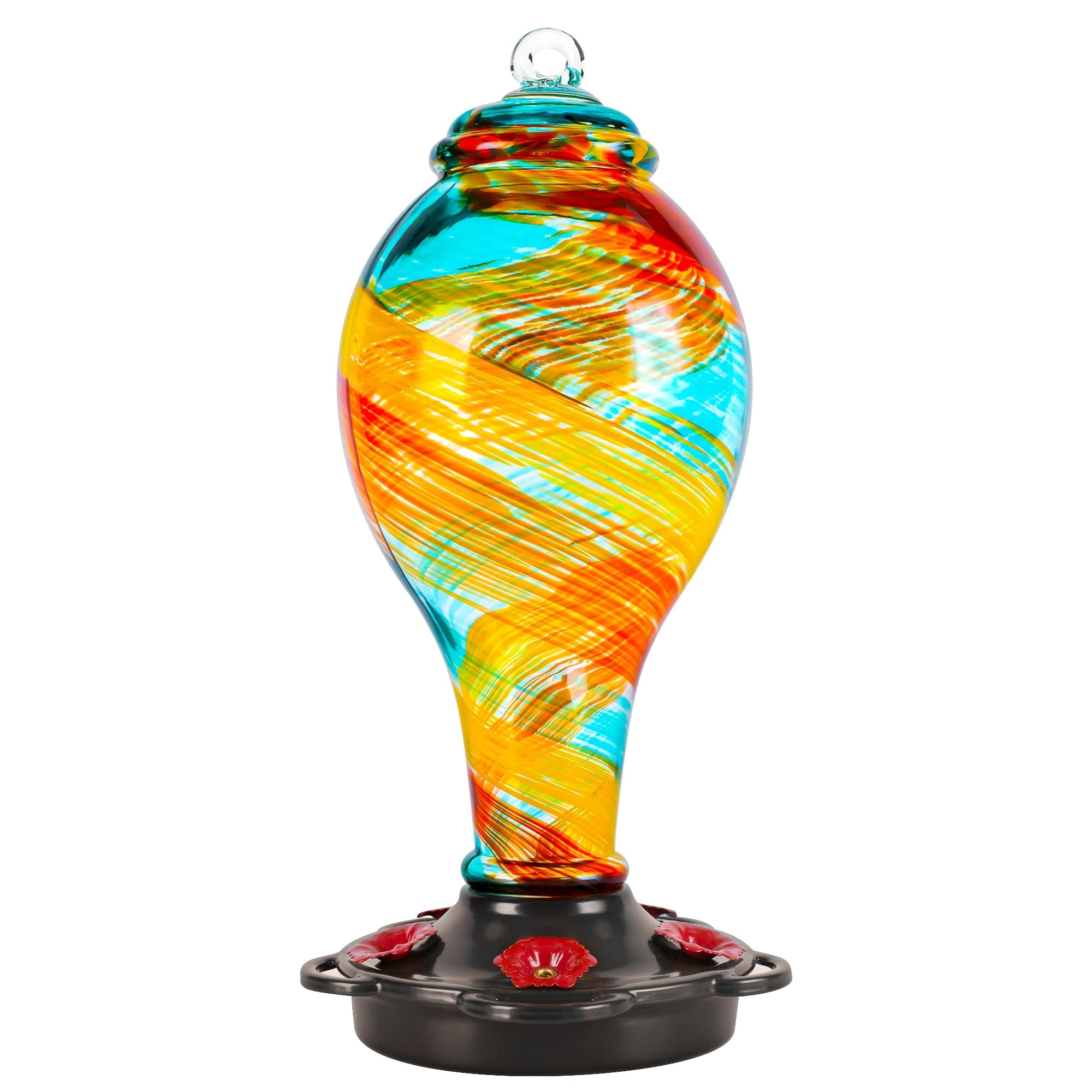 ITOPFOX -  Hand Blown Glass Hummingbird Feeder 36 fl oz Leak Proof Rustproof Metal Base Five Feed...