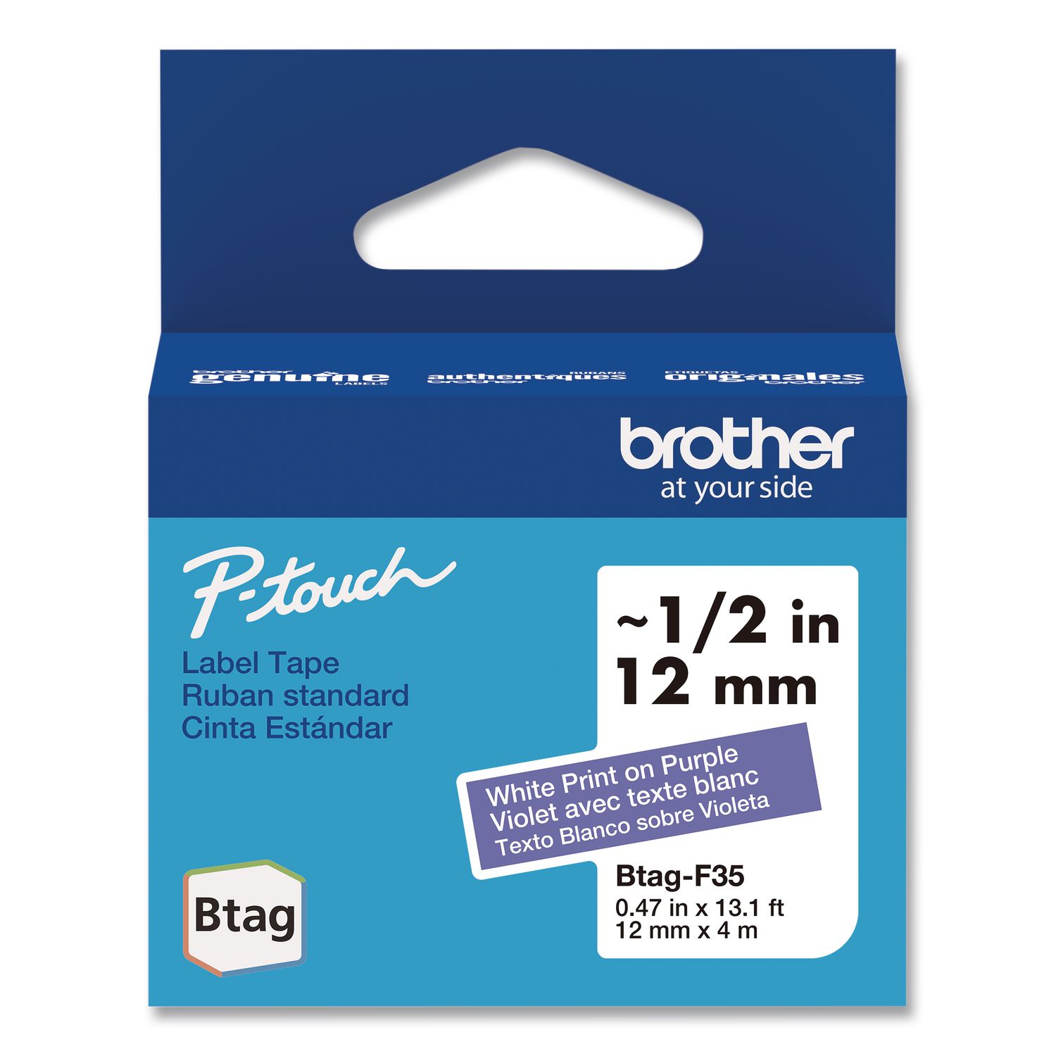 Brother Genuine P-Touch BTAG Label Tapes 0.47 x 13.1 ft White on Purple