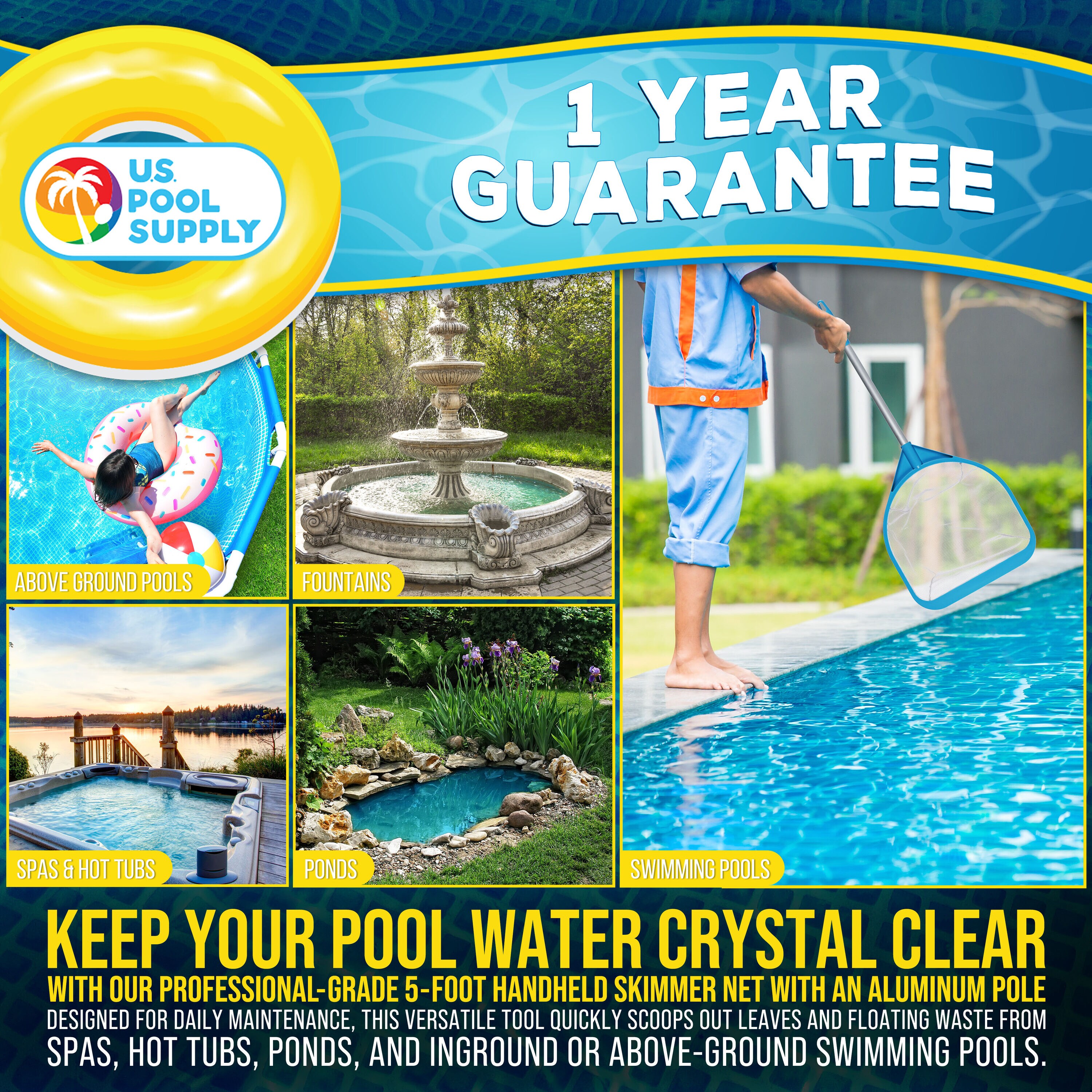 U.S. Pool Supply Pool and Spa Skimmer Net with Pole - 30 inch Long ...