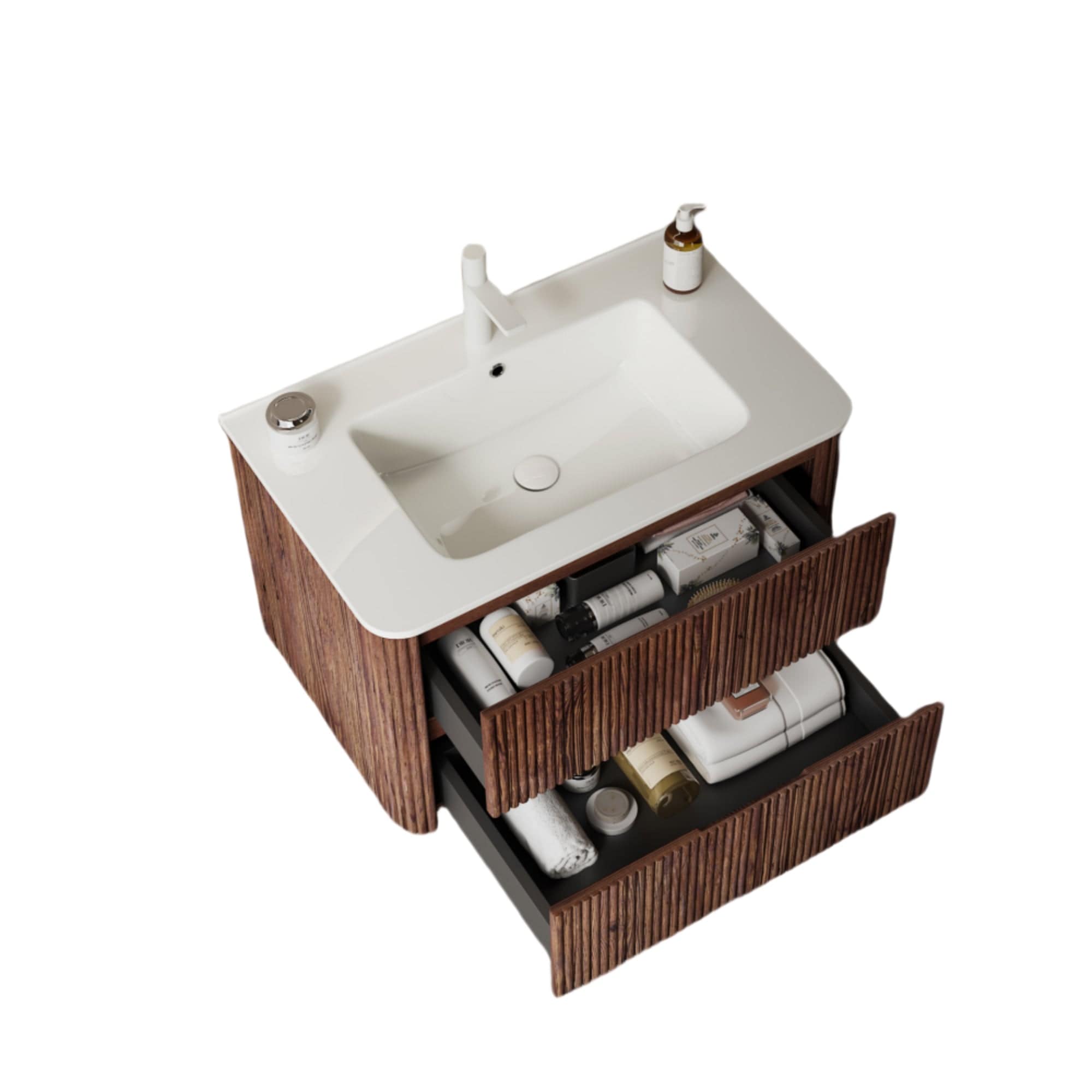Boyel Living 30 Bathroom Vanity with Sink Wall Mounted Floating Plywood Cabinet 2 Drawers White Ceramic Basin Retro Walnut