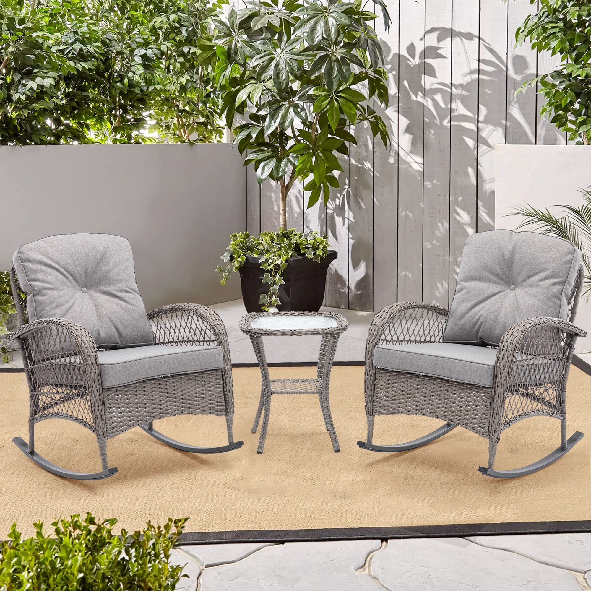 Bayfeve BF-9350HF 3pcs Outdoor Furniture Modern Wicker Rocking Chair Set 3 -Piece Rattan Patio Conversation Set with Gray Cushions