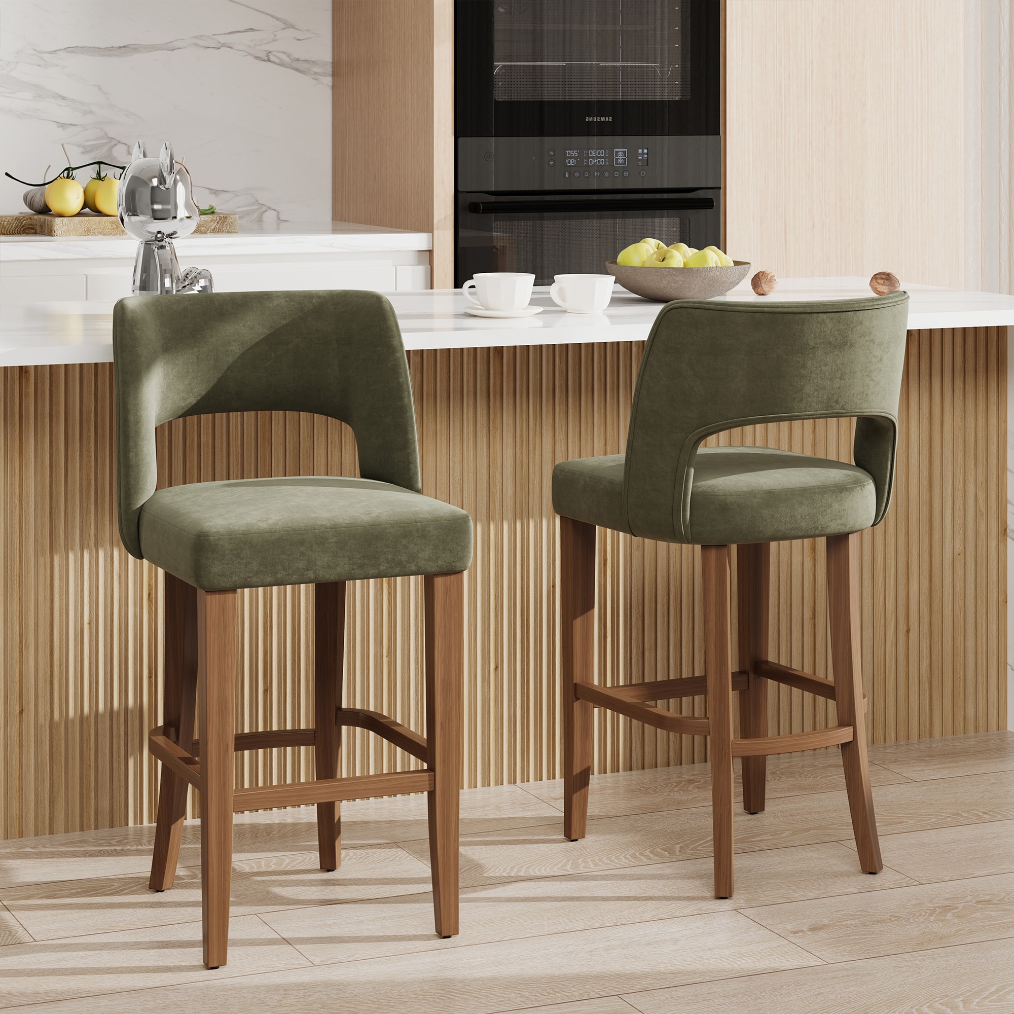 Garvee Bar Stools 2 Set 26 Inches Upholstered Bar Height Bar Stools with Wood Legs Modern Ergonomic Barstools with Backrest for Kitchen Island Dining Room Bar