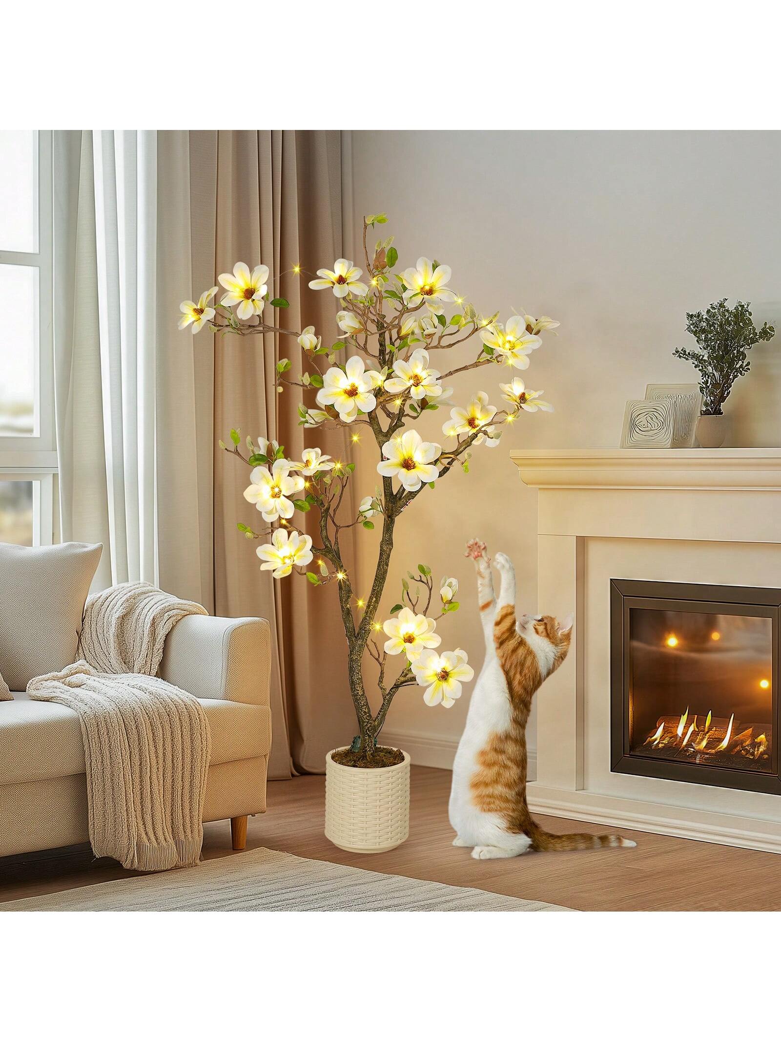 Qeetex PHK-33YJ49X3-HF4 5FT(With Lights) Artificial Magnolia Tree - Indoor Simulation Tree with Realistic Leaves and Flowers - Perfect for Interior Decoration. Living Room. Doorway. Office and Hotel (White)