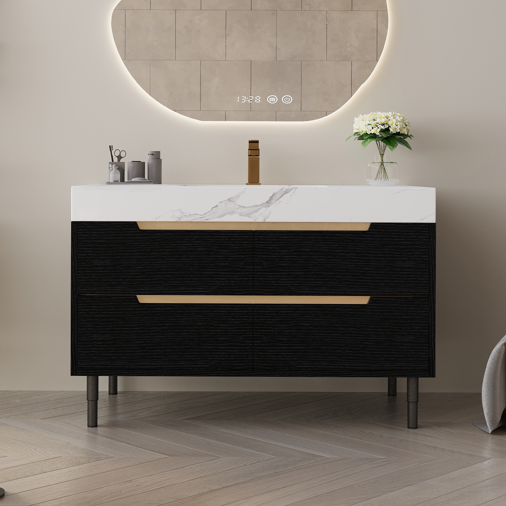 Dexmalle  35.4-in Black Modern Freestanding or Wall-Mounted Bathroom Vanity with Undermount Sintered Stone Top