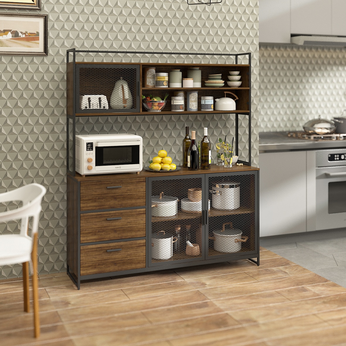 Fufu A Contemporary Modern Brown Pantry With Microwave Stand 3 Drawers 4 Shelves And Doors Ljy Kf210150 01 02