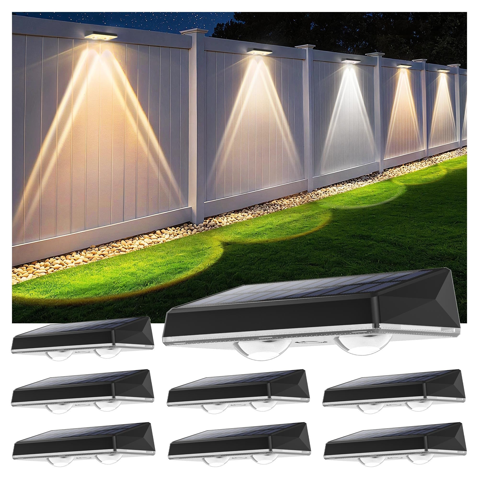 Lukvuzo  Solar Fence Lights Outdoor 8 pack IP67 Waterproof Auto On Off Dusk to Dawn Three Tone White for Patio Deck Pool Wall Step Backyard