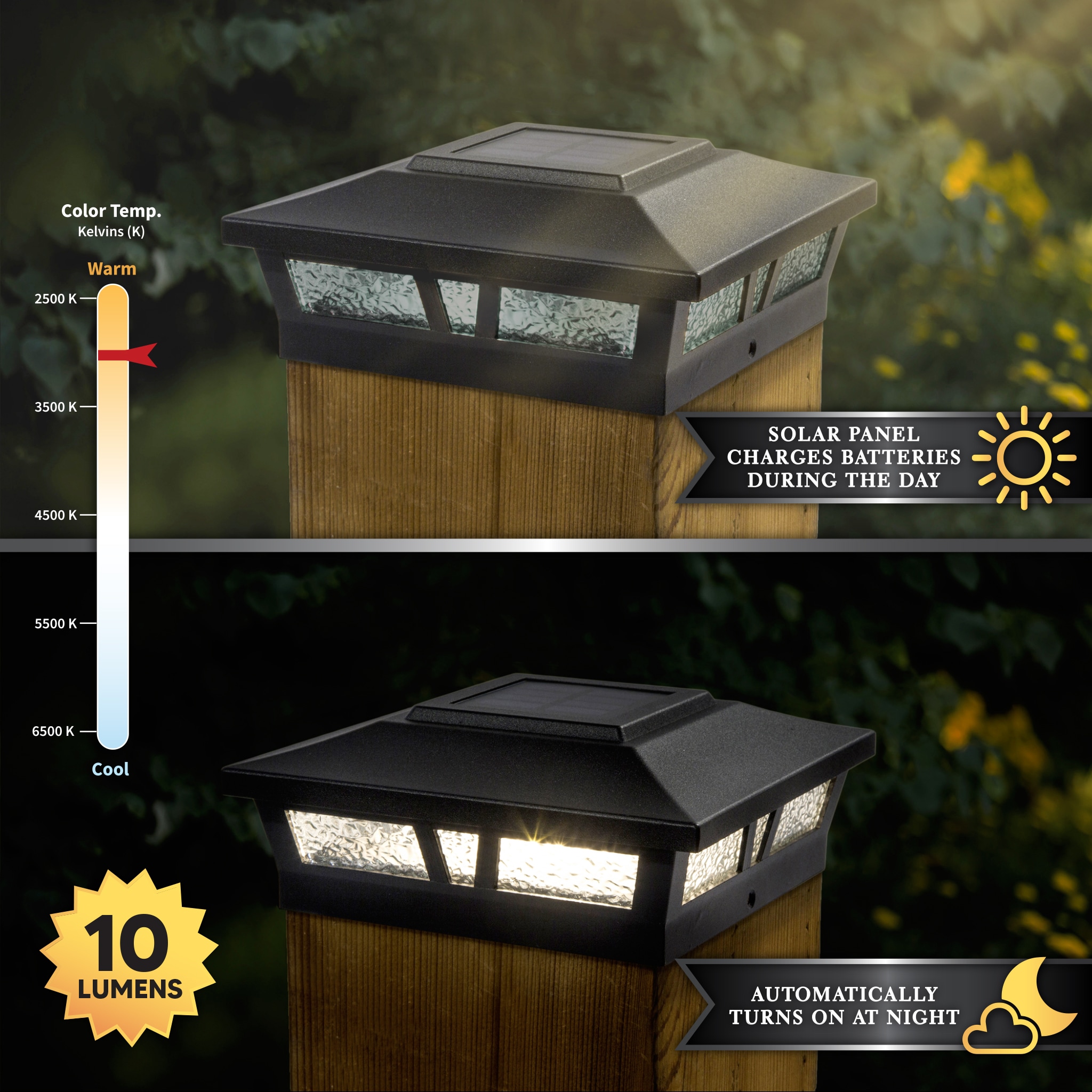 Classy Caps 6-in x 6-in 10-Lumen 0.2-Watt Black Solar LED Outdoor Post Cap  Light (2700 K) in the Deck Lights department at