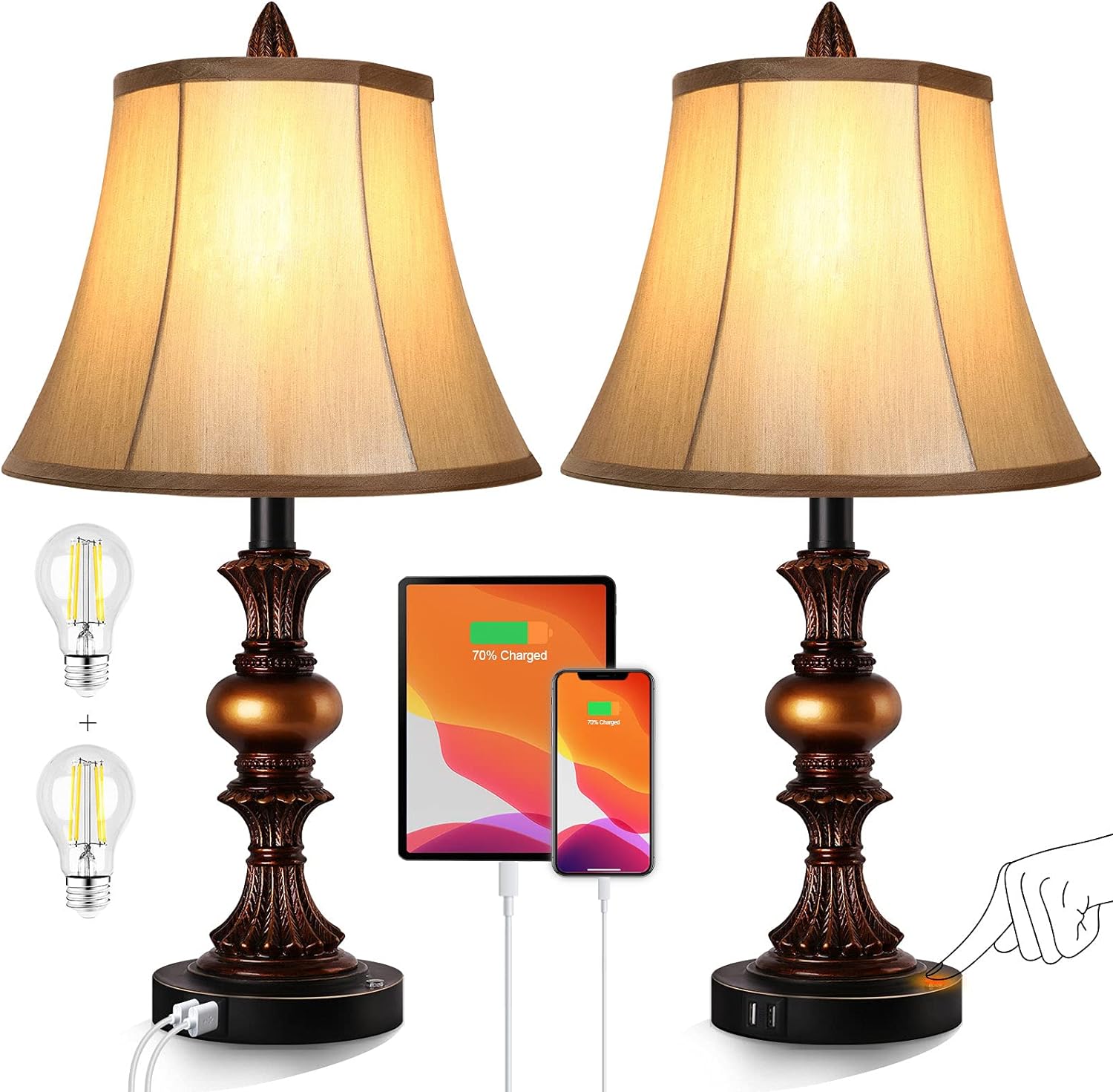 Cinoton Touch Control Traditional Table Lamp Set of 2 Vintage Bedside Lamps with Dual USB Charging Ports 3Way Dimmable Bronze Finish Desk Lamps with Bell Shape Faux Silk Shade for Living Room Bedroom