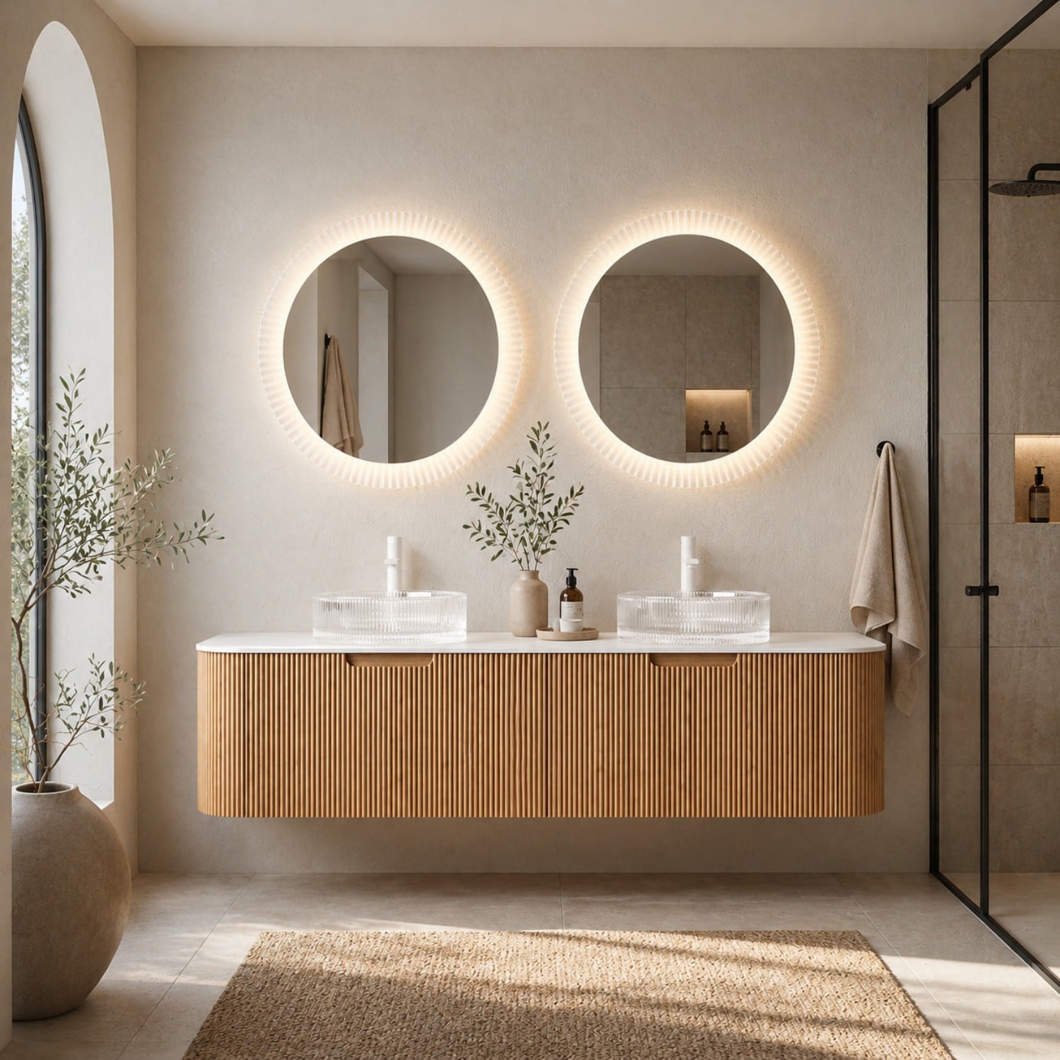 Dexmalle 60-in Natural Wall-mount Double Sink Bathroom Vanity with Sintered Stone Top and Round Glass Basins