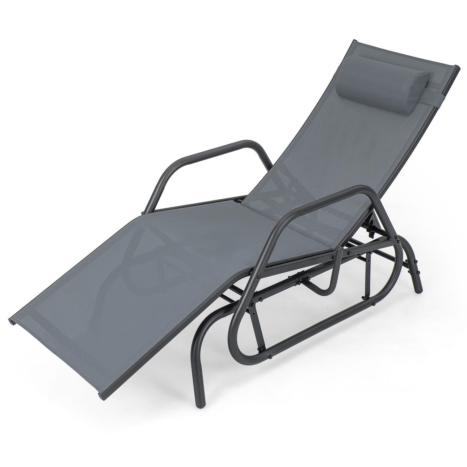 Slickblue D-CO-RG13011PN 1-Piece Outdoor Glider Recliner - Brown/Gray Metal Frame Motion Lounge Chair with Fabric Seat - Adjustable Backrest and Removable Pillow for Patio or Garden