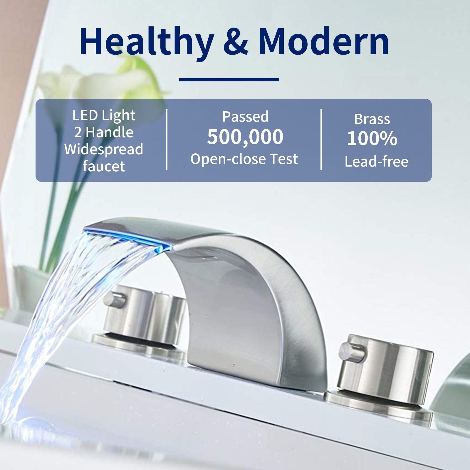 Brushed Nickel 8-Inch Widespread Waterfall Bathroom Faucet with LED Light