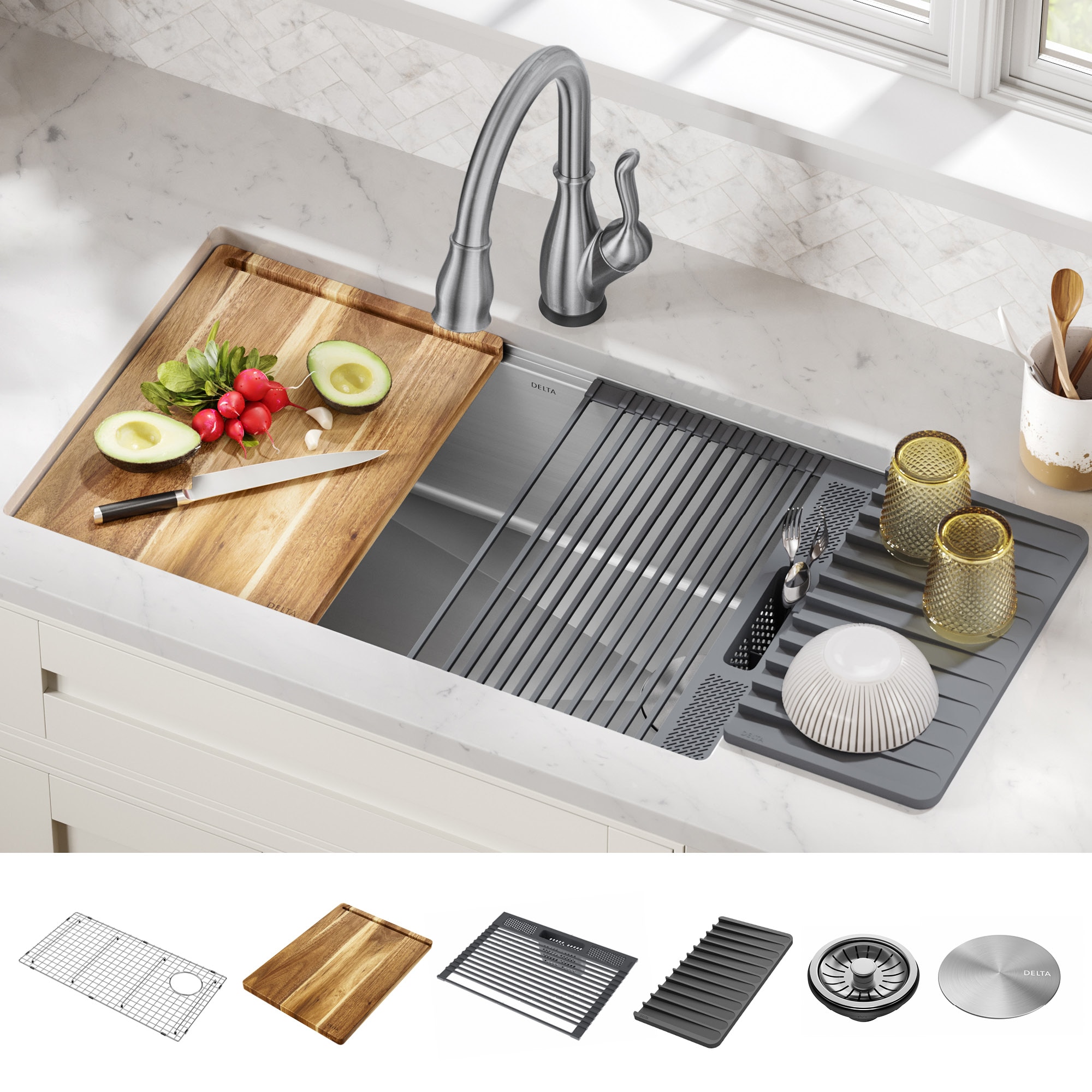 68 Drainboard - Workstation Sink - Double Bowl - Reversible Offset Drain  (5LPD17.30c )