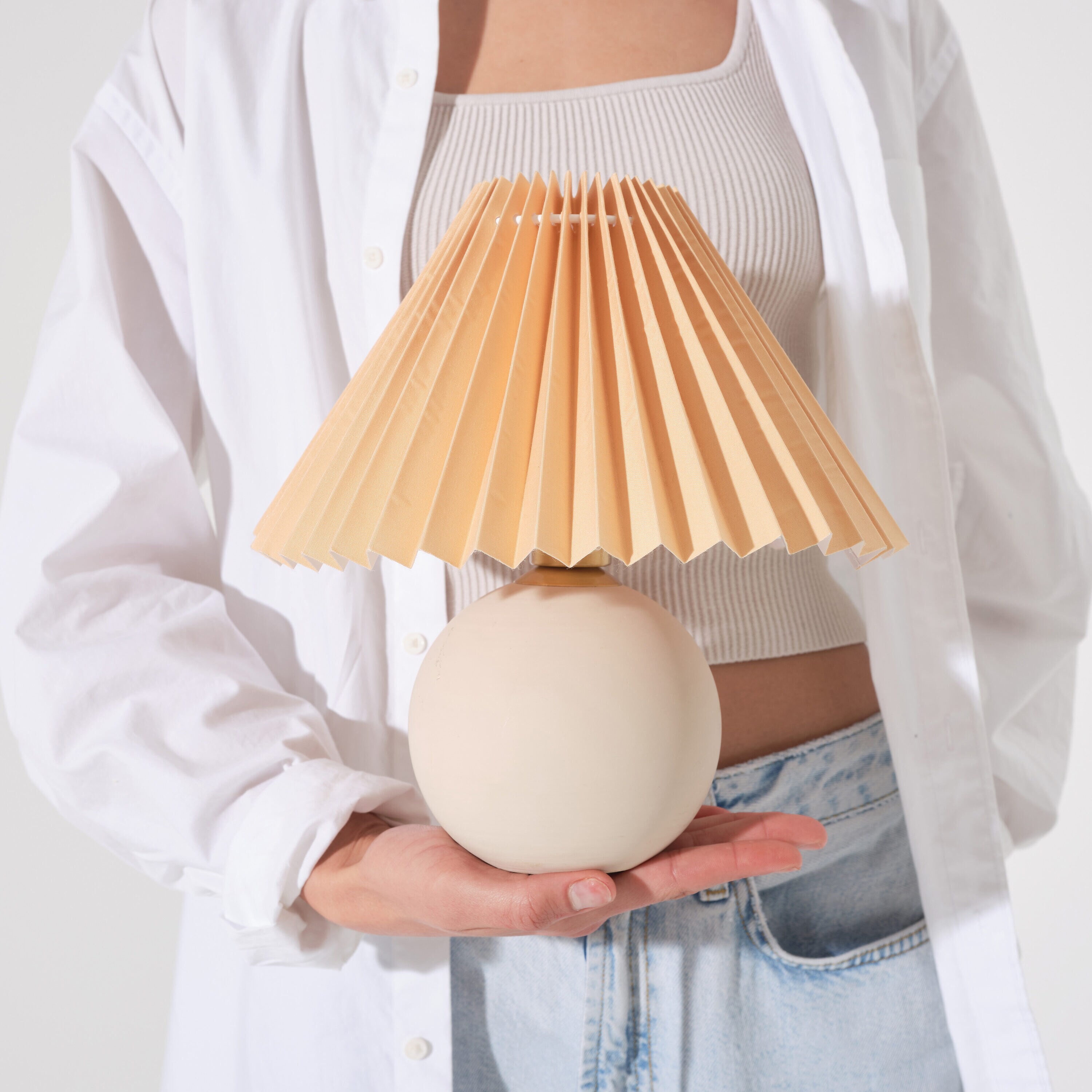 Serena Beige Ceramic Globe Table Lamp with Pleated Shade