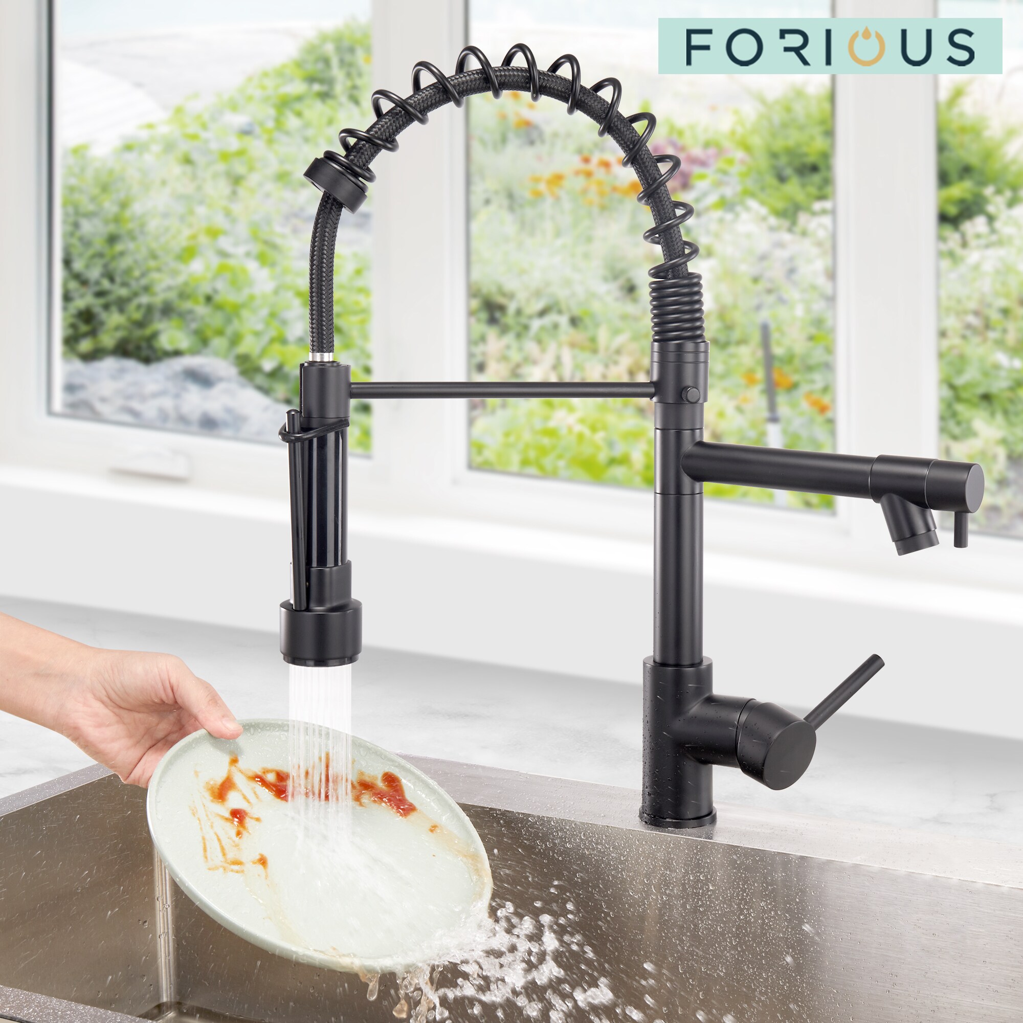 Matte Black Kitchen Sink Faucet with Pull Down Sprayer, DAYONE Single  Handle 1 Hole High Arc Farmhouse Kitchen Faucets with Soap Dispenser,  APS136MB