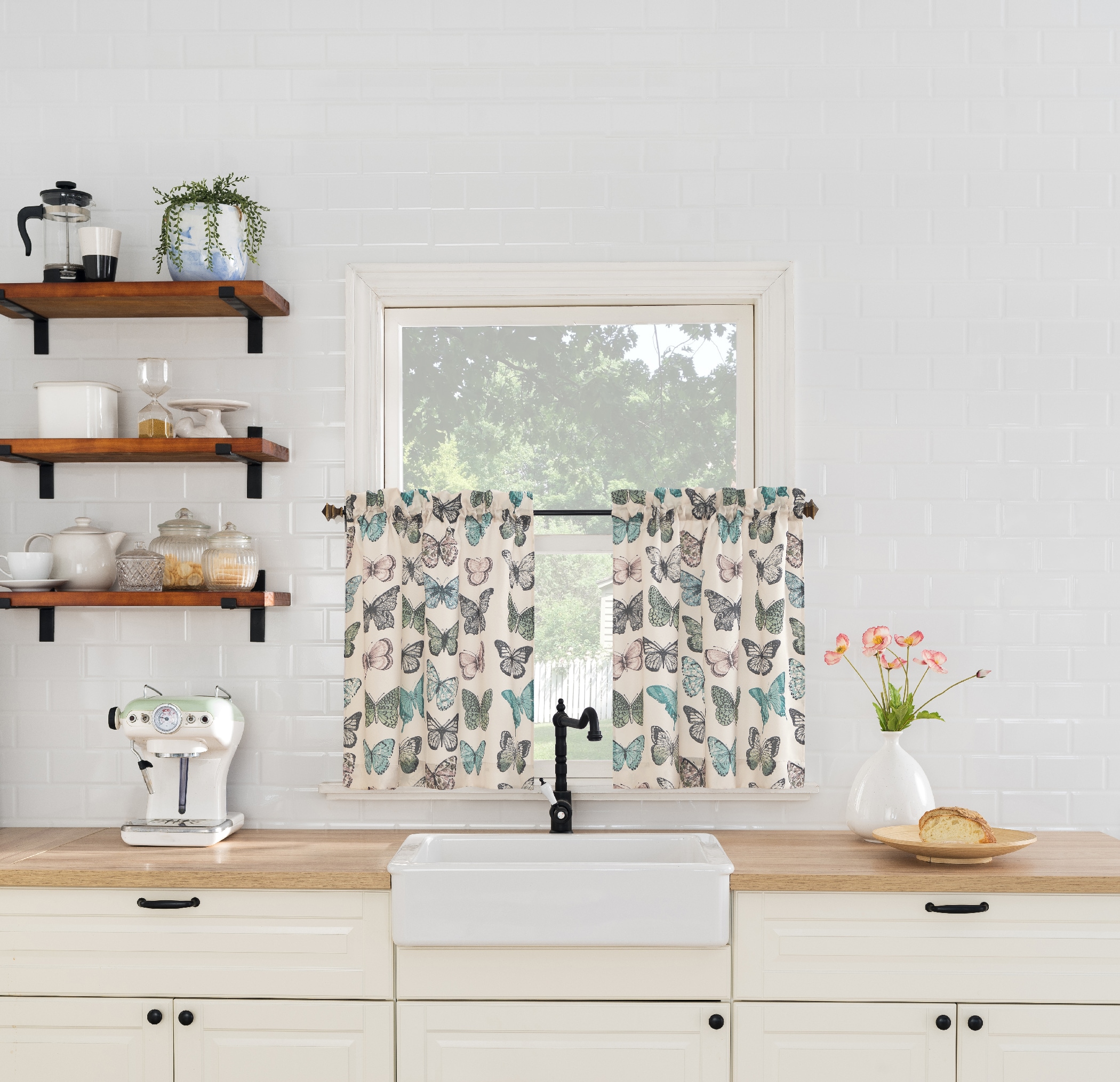 Blue Butterfly Print Sheer Polyester Kitchen Curtain Tier Pair