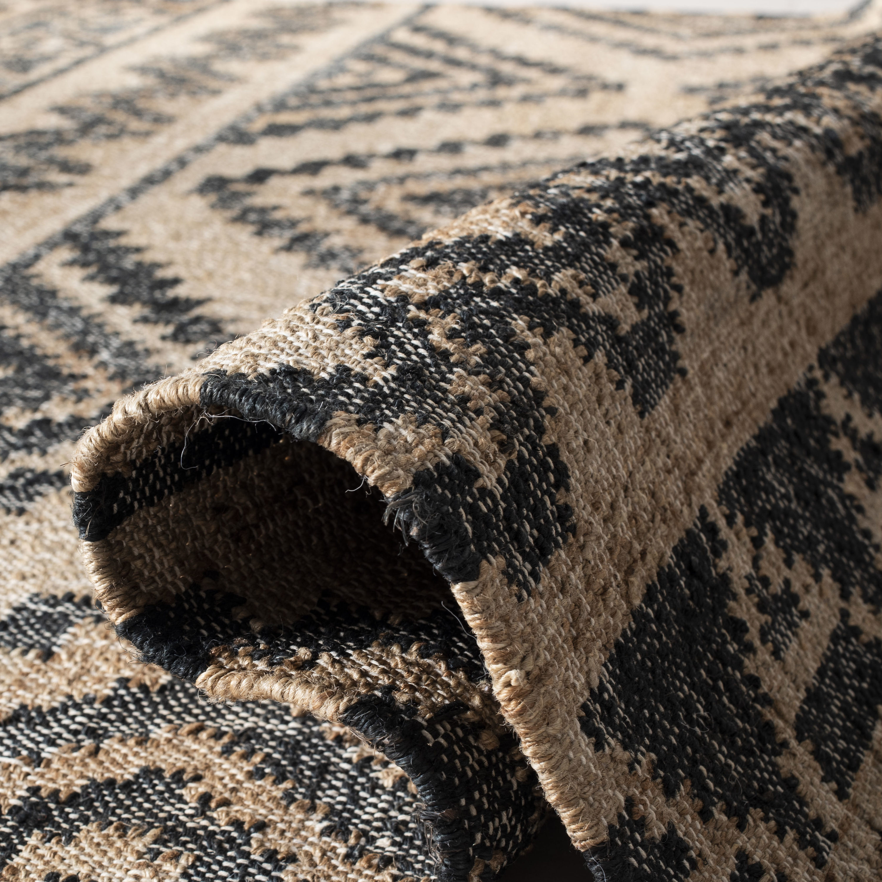 Natural and Black Geometric Wool Cotton 9' x 12' Area Rug