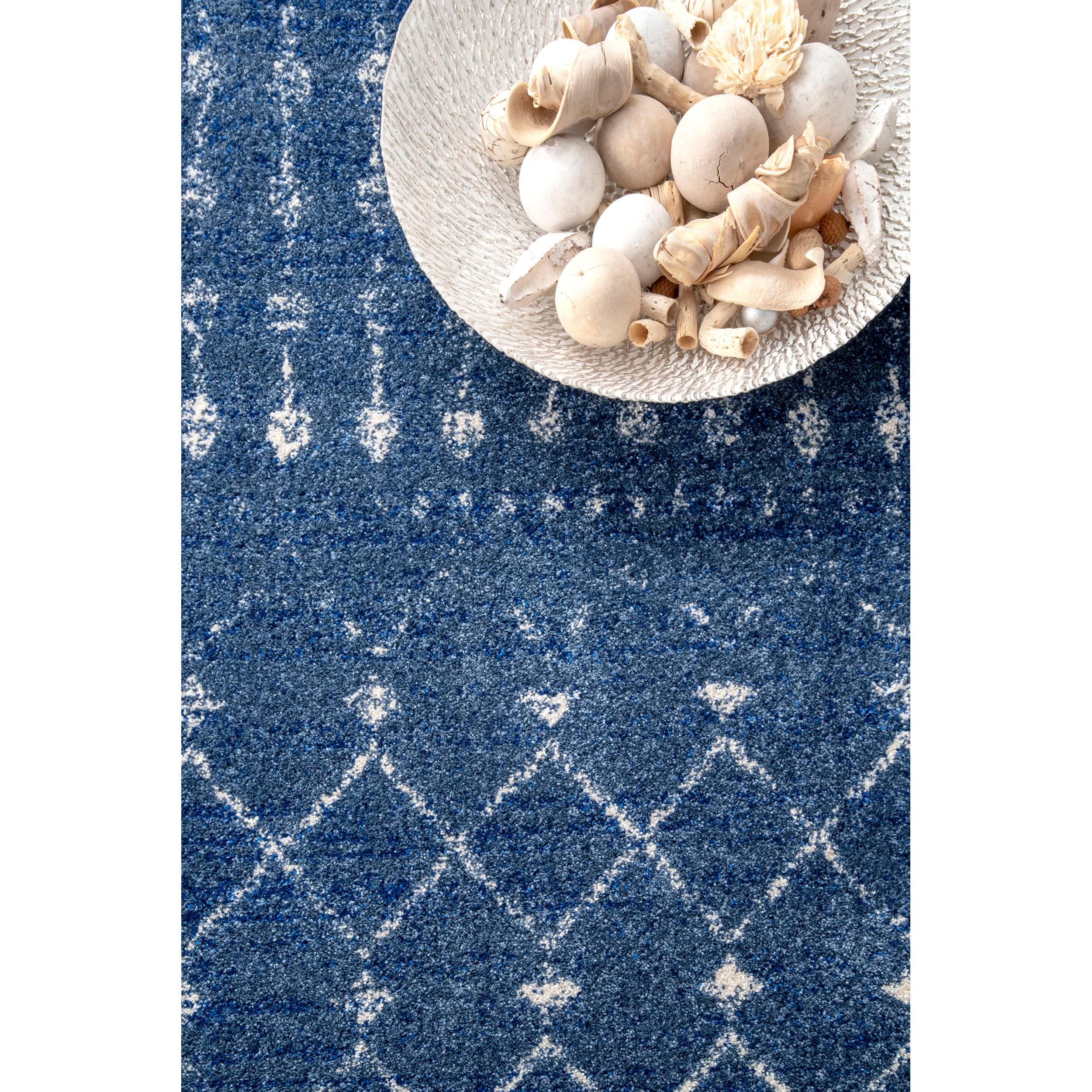 Dark Blue Trellis Synthetic Reversible Runner Rug