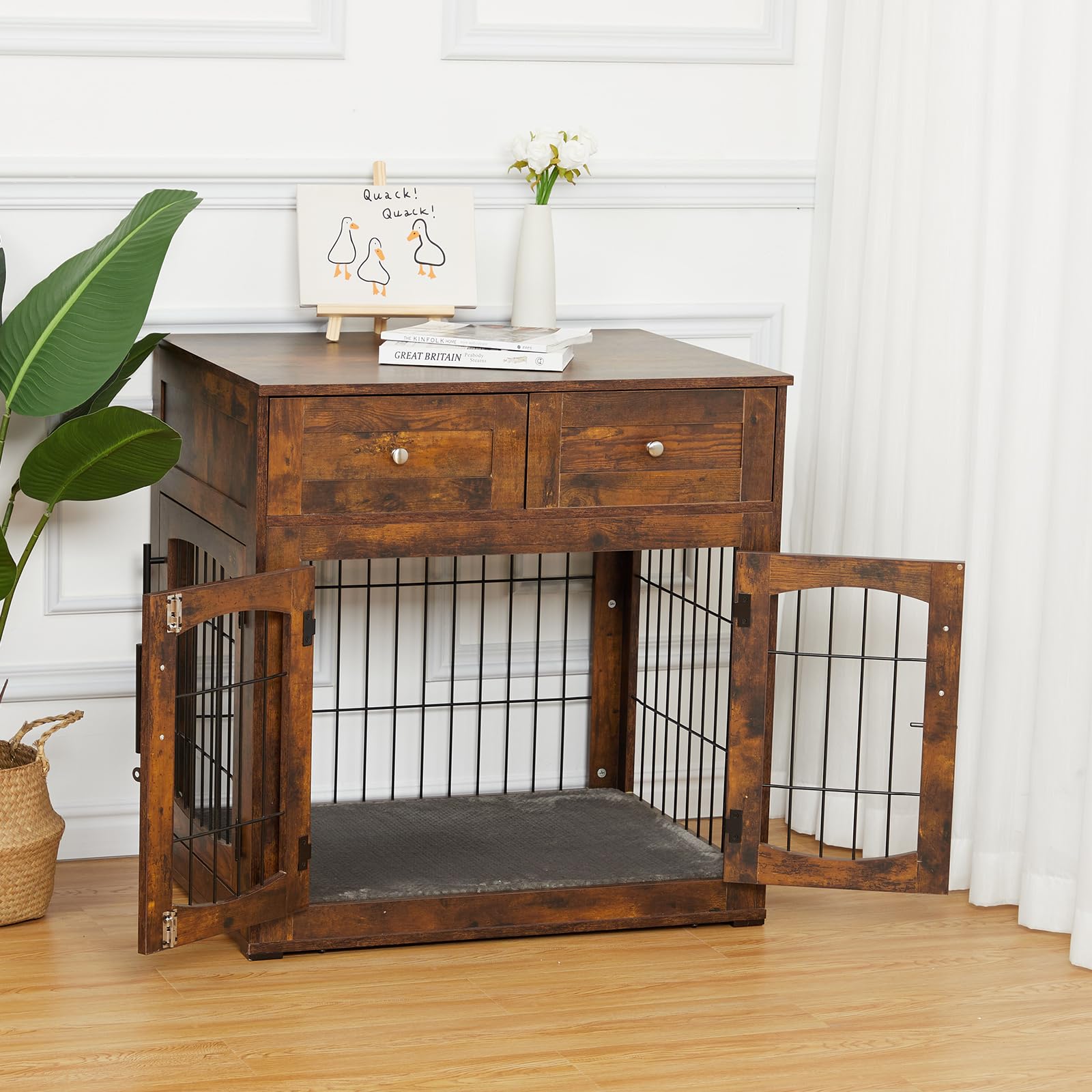 Garvee Wooden Dog Crate Furniture w/Cushion-3 Door Kennel and End Table w/2 Drawers Indoor Dog House/Side Table Durable MDF