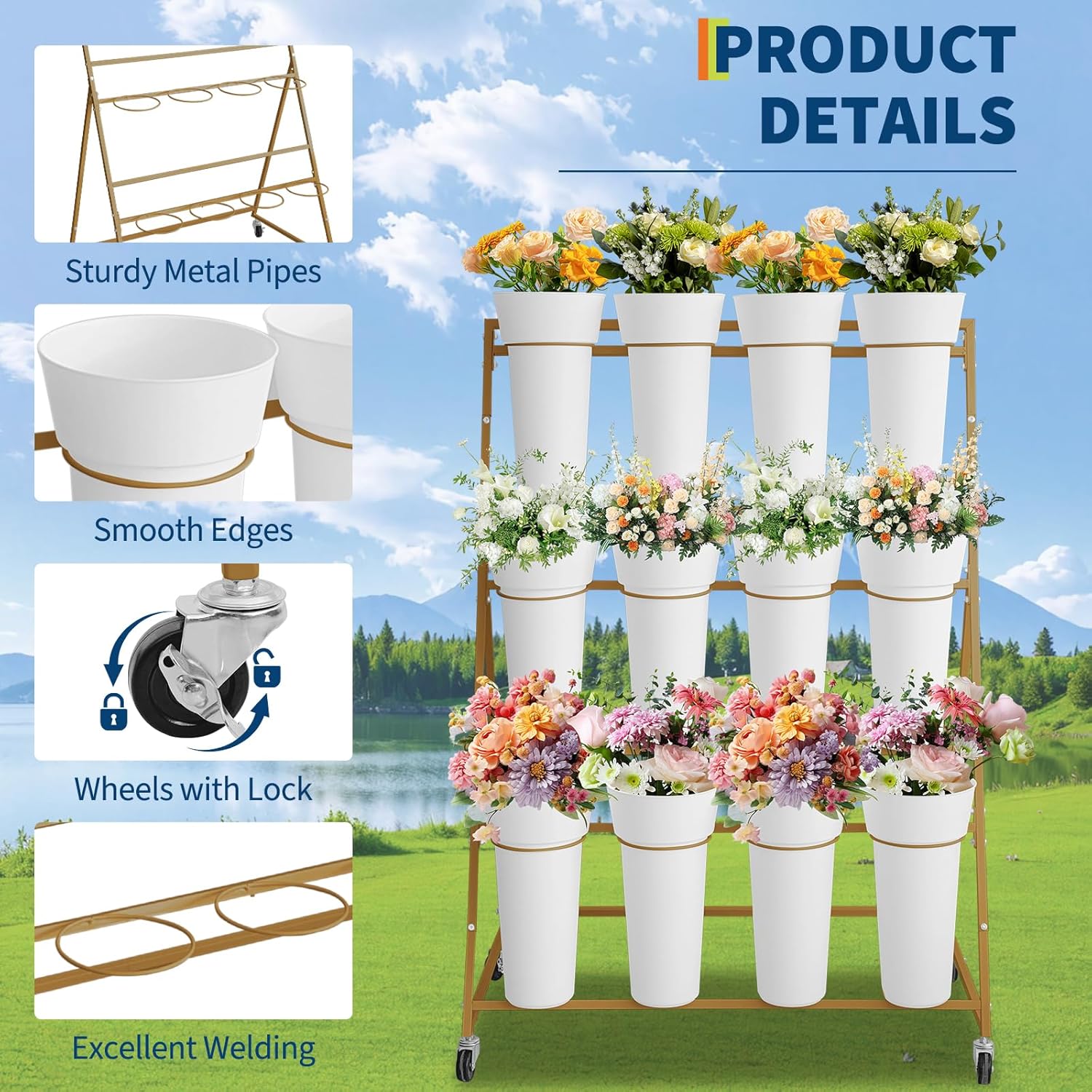 GAOMON 90x55x120cm Gold 3 Tier Metal Flower Display Shelf Equipped with ...