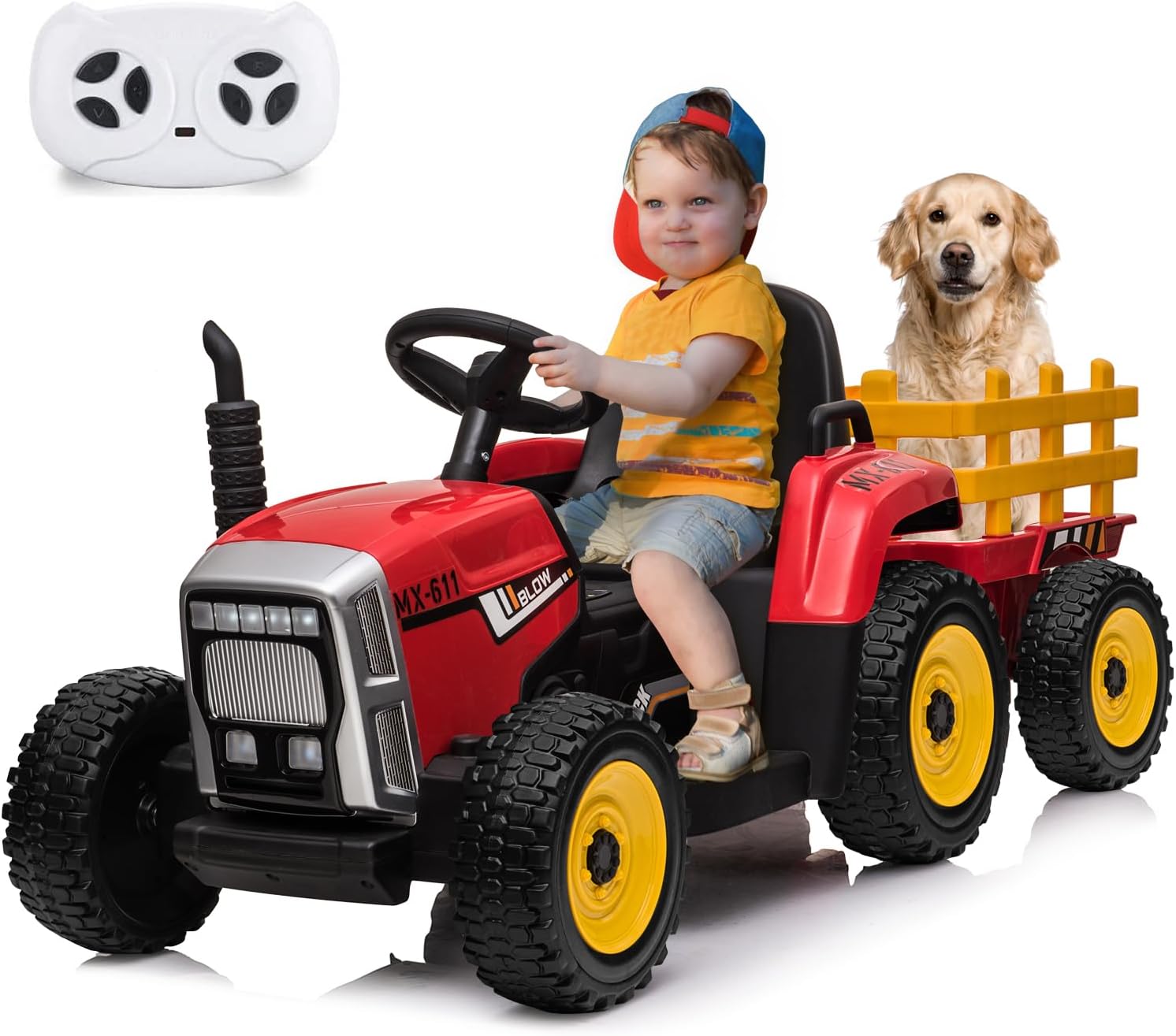 Qeetex LHF-TC-PTO-0WMIC1P7 12V Ride On Car for Kids Battery Powered Ride On Toy Electric Tractor Car with Trailer/Remote Control/LED Lights/2+1 Gear Shift/Music - 35W/Red