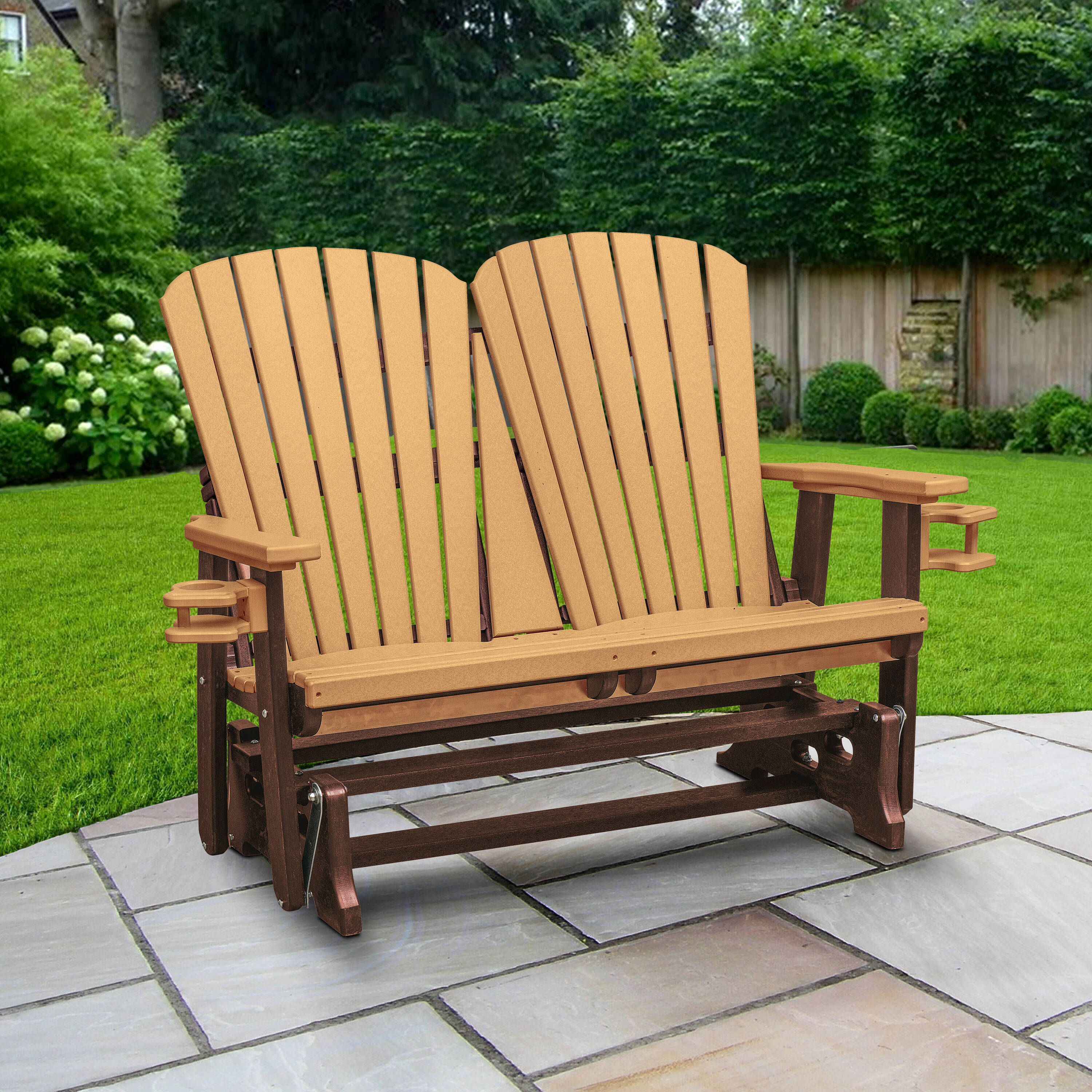 American Furniture Classics 420CTB Adirondack 52-in W x 42-in H Cedar on a Tudor Brown Base HDPE Glider Bench