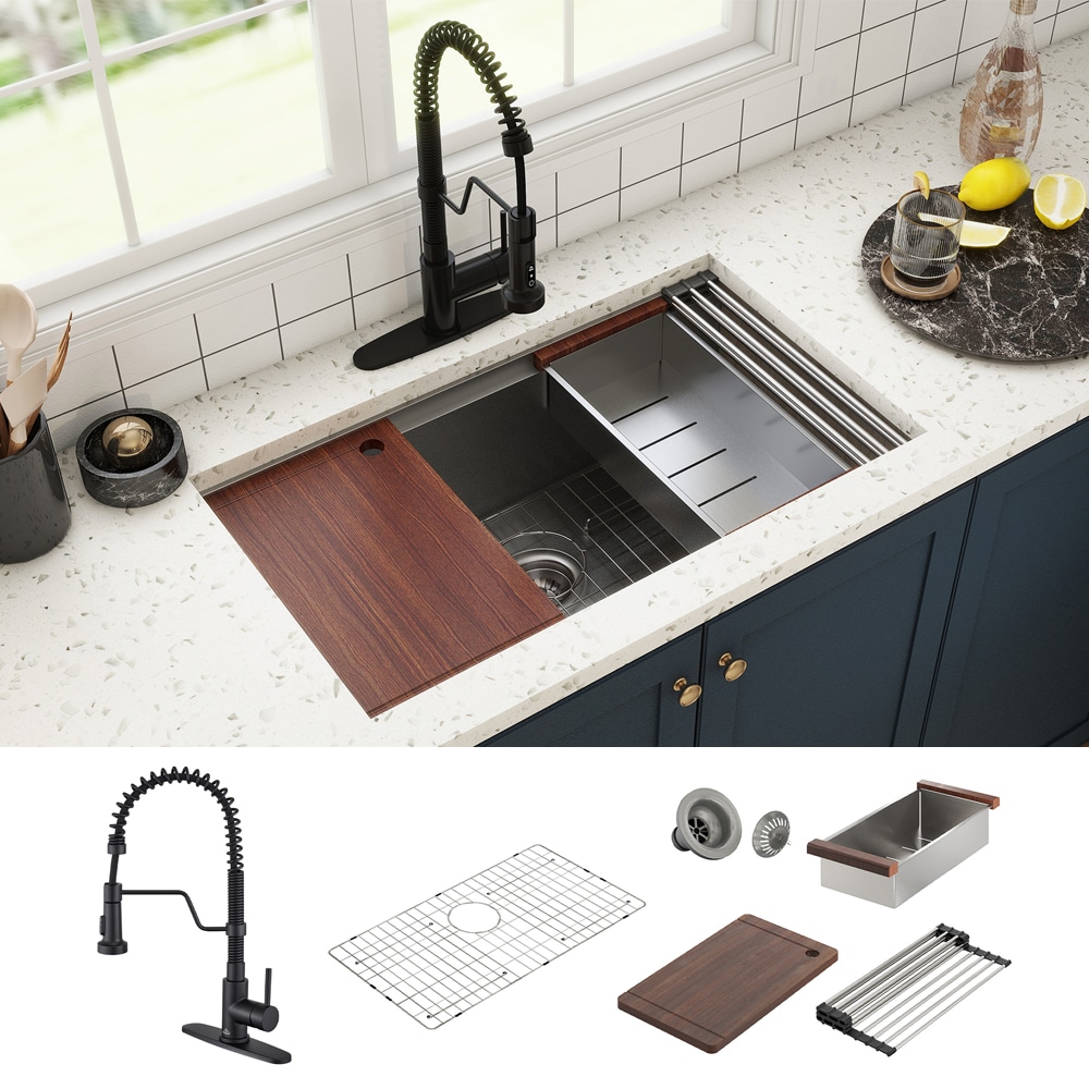CASAINC KCSL0043-U32N24 Undermount 32-in x 19-in Stainless steel Single bowl 16 -Gauge Workstation Kitchen Sink All-in-One Kit with Drainboard
