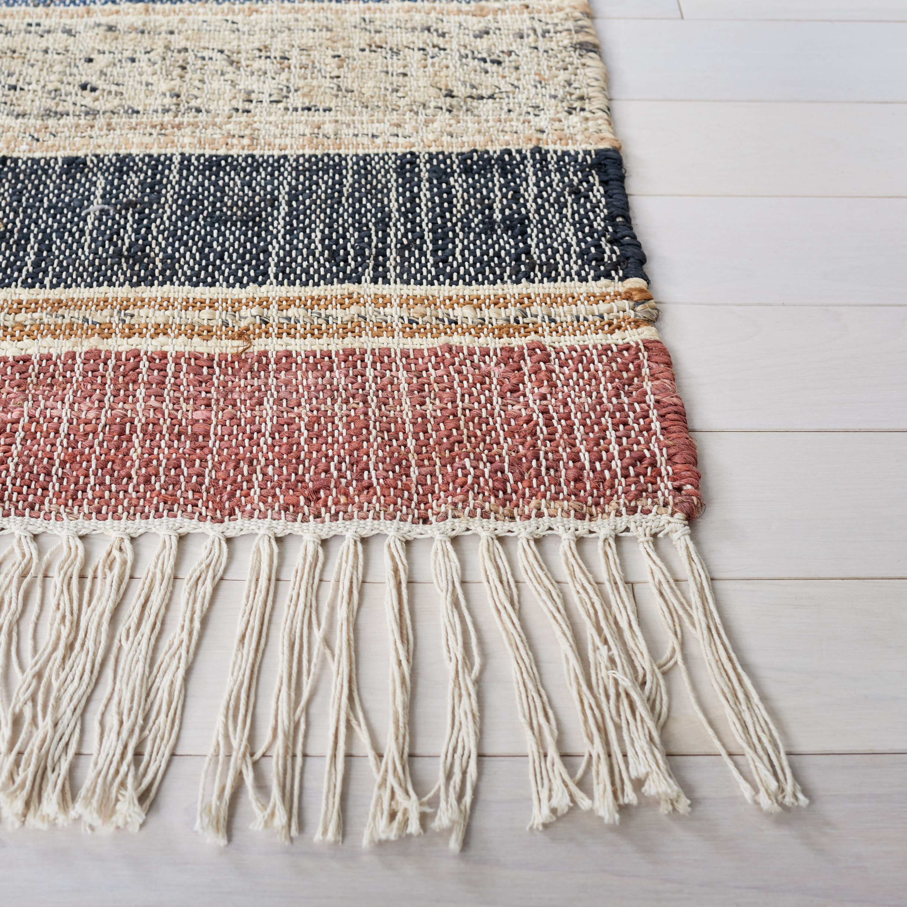 Blue and Rust Handmade Wool Cotton Kilim Rug, 5' x 8'