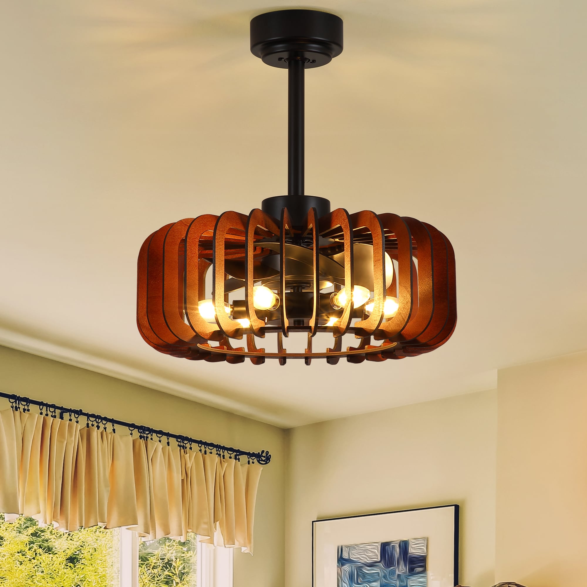 Sevenine Flori 20 in. Indoor Pumpkin Modern  Plywood Caged Ceiling Fan with Remote and 6 E12 Light Bulbs Not Included