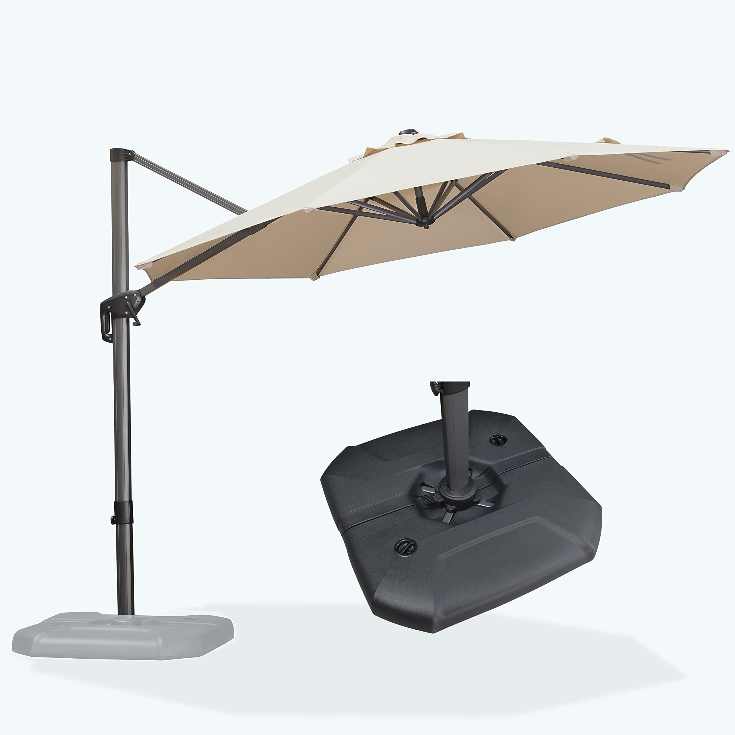 PURPLE LEAF LS05YKLRS12-GR 11-ft Aluminum Beige Crank Cantilever Patio Umbrella with Base