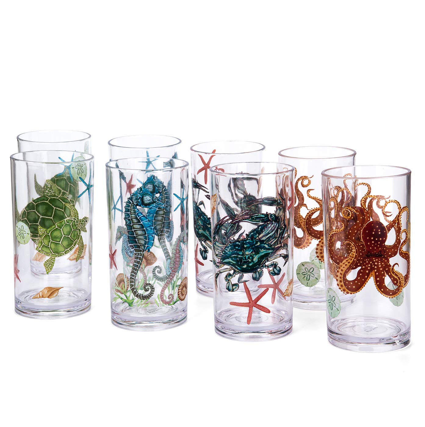 Aoibox  20 oz Multicolor Sea Ocean Life Plastic Tumbler Drinking Glasses Set of 8 Assorted Drinkware Sets