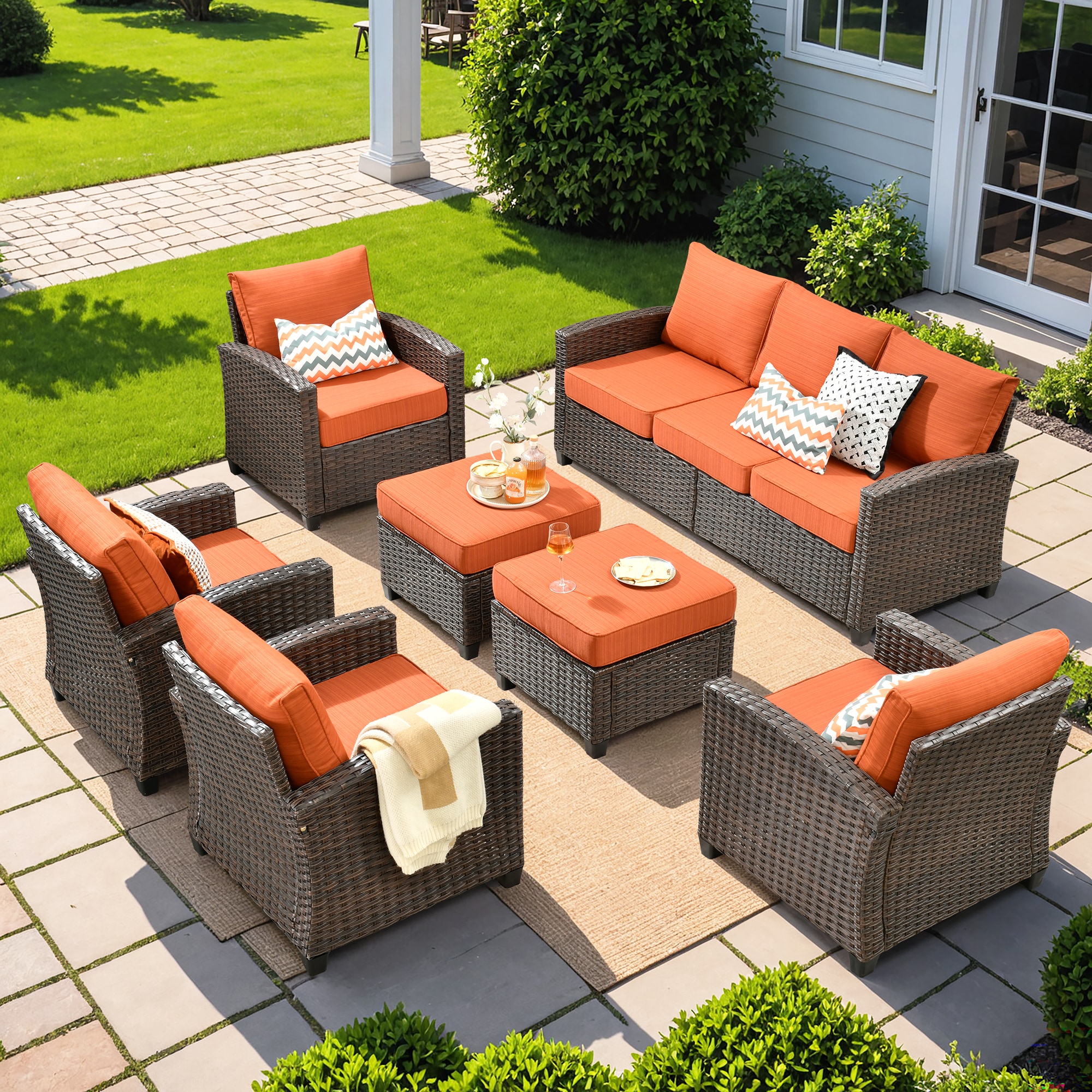 Caodoc L5-PRS803-1 PRS Rattan Outdoor Sectional with Orange Cushions and Wicker Frame