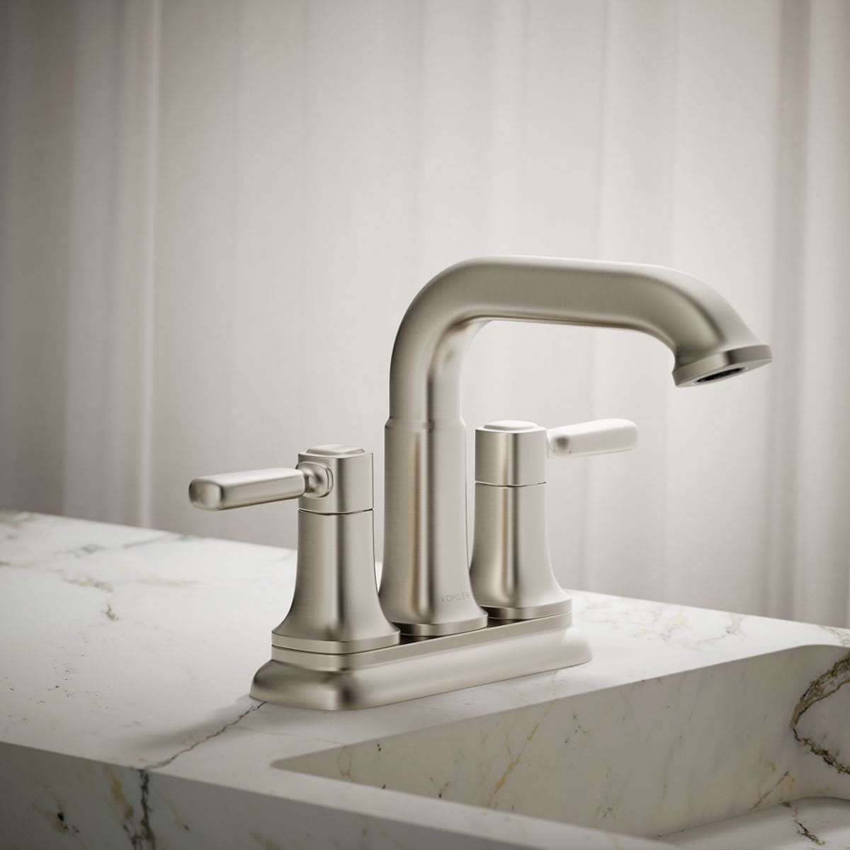 KOHLER Ealing Vibrant Brushed Nickel 4-in centerset 2-Handle WaterSense  Bathroom Sink Faucet with Drain in the Bathroom Sink Faucets department at  Lowes.com