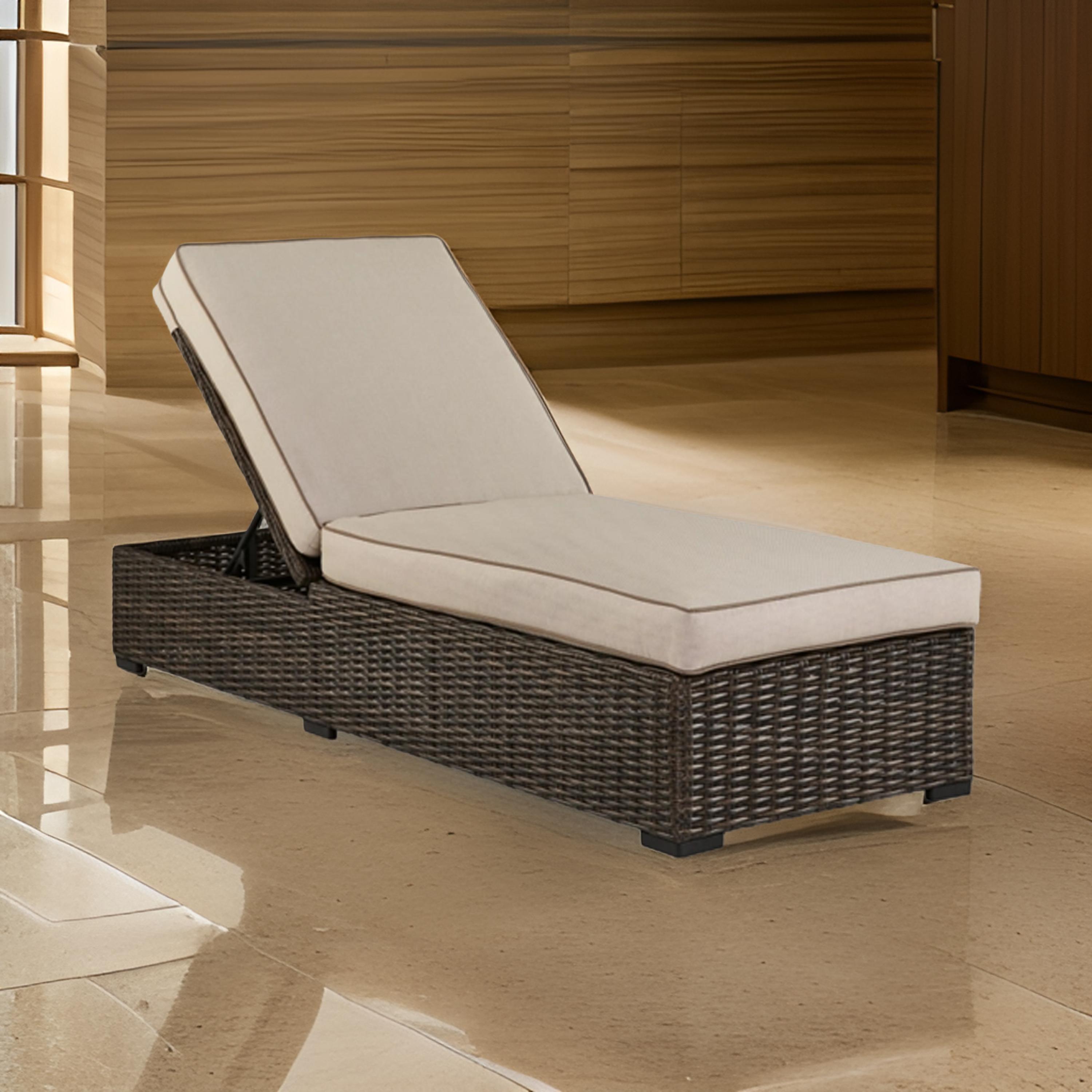 Beige and Dark Brown Outdoor Armless Chaise Lounge with Cushions