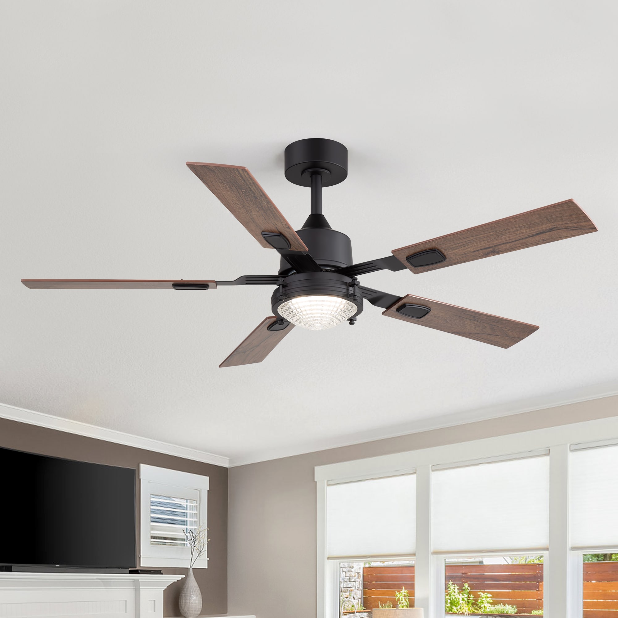 Breezary 33030-WH 52-in Color-Changing Integrated LED Matte Black with Dual-tone wood Blades Chandelier Ceiling Fan With Light 5 -Blade )