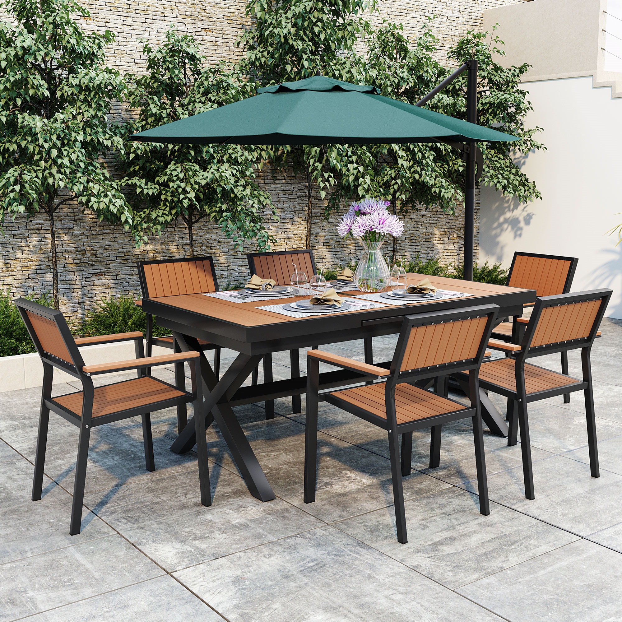 BABOOM BOM-006AAE-OR Outdoor Dining Set 7 -Piece Black Patio Dining Set Extendable Table Iron Rectangle Table with 6 Stationary Chairs