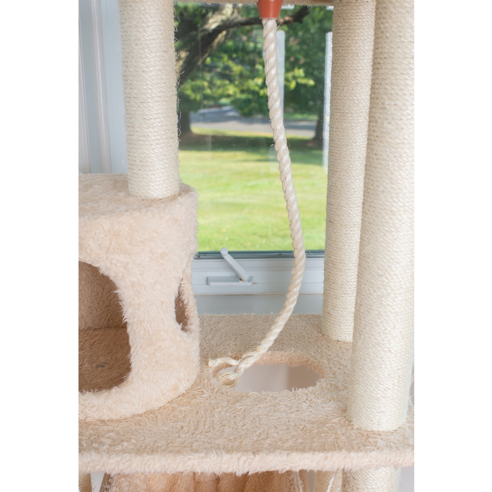 70'' Beige Faux Fur Multi-Level Cat Tree with Sisal Posts