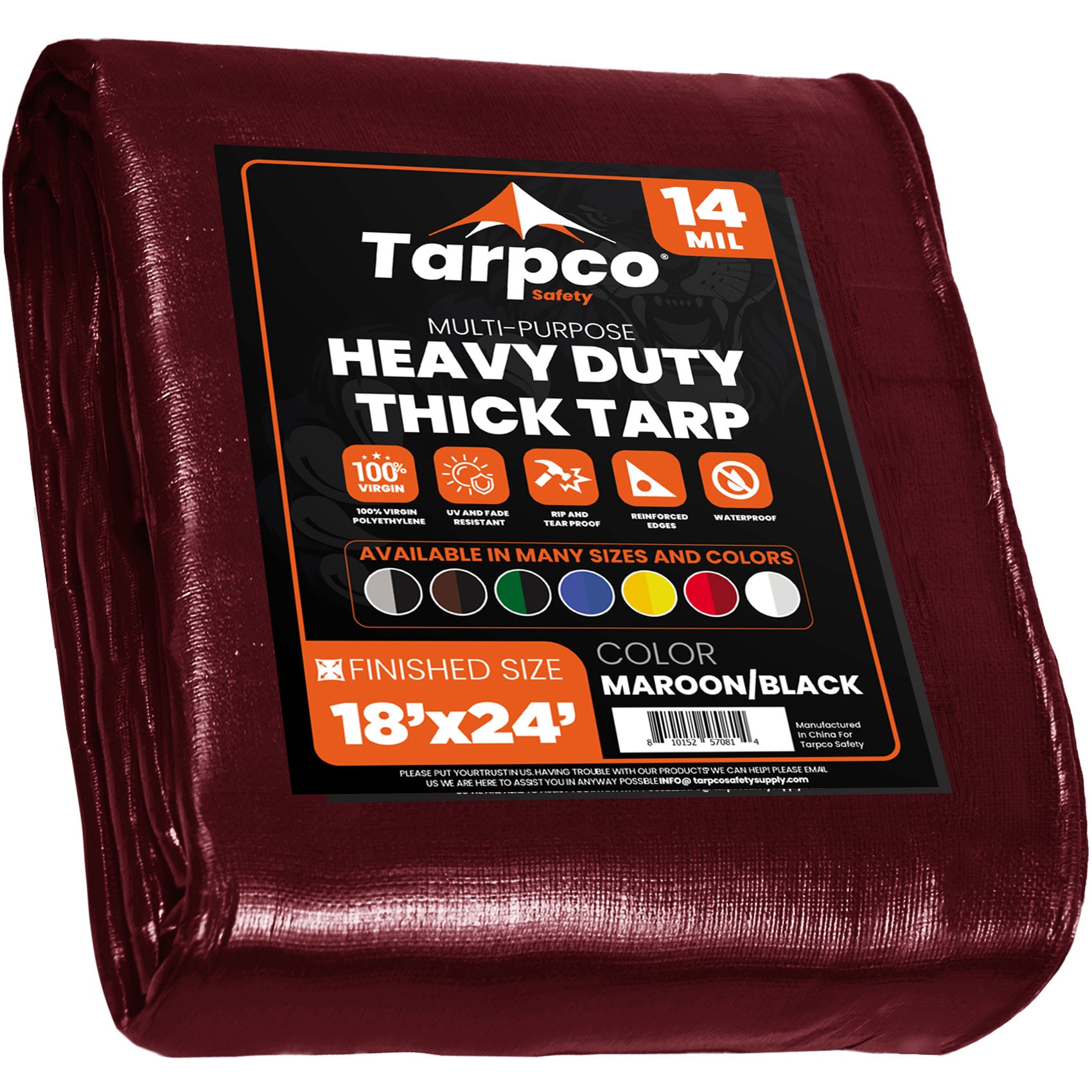 Tarpco Safety TS-107-18X24 18-ft x 24-ft Maroon Waterproof Commercial Polyethylene 14-mil Tarp