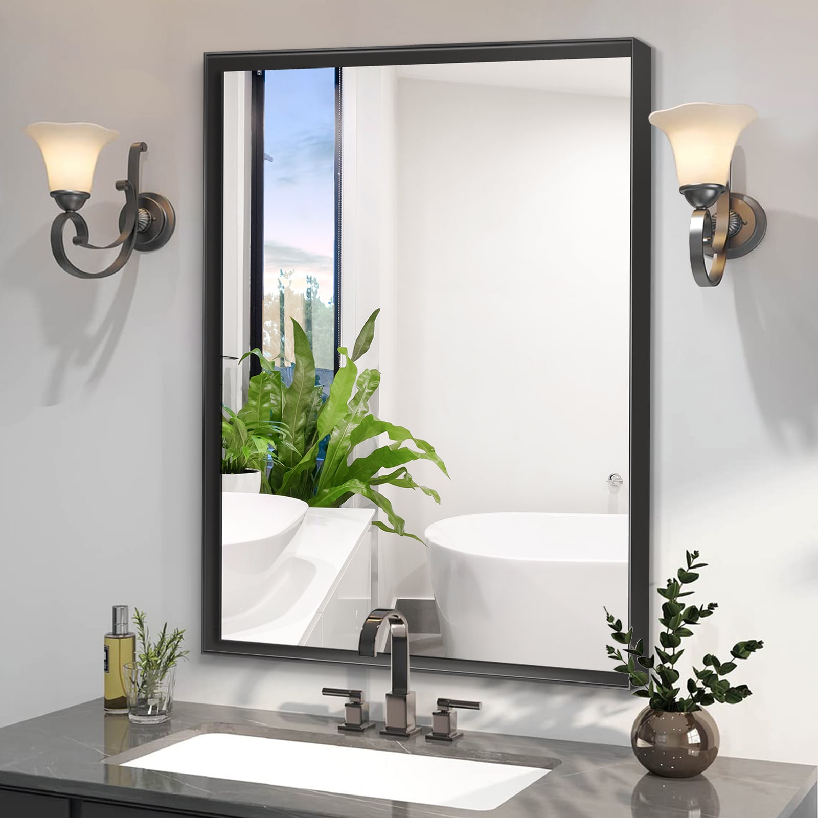 Forclover WBSGOEMR3232 24-in x 36-in Framed Rectangle LED Bathroom Vanity Mirror ( Black )