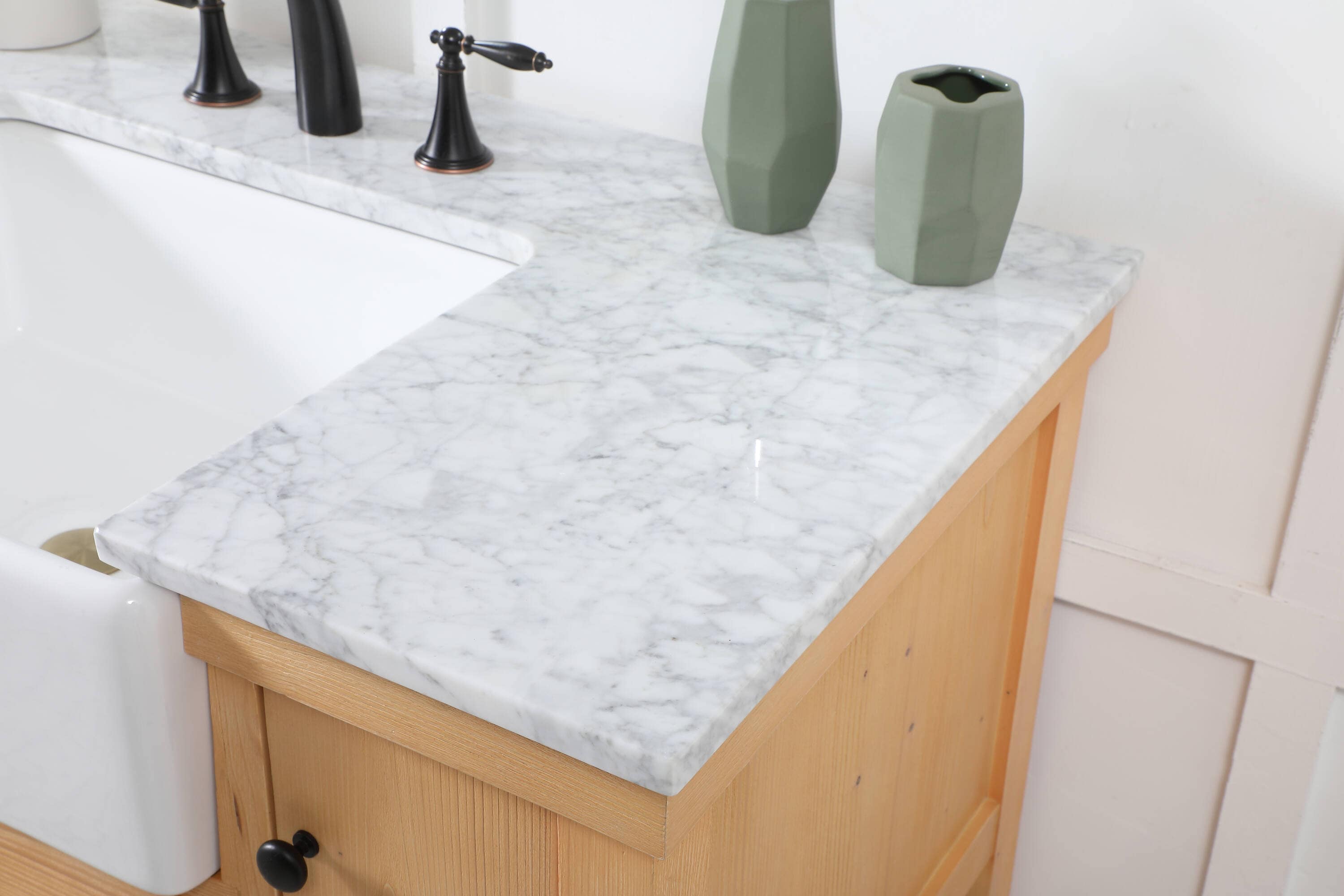 Natural Wood Single Sink Vanity with White Marble Top