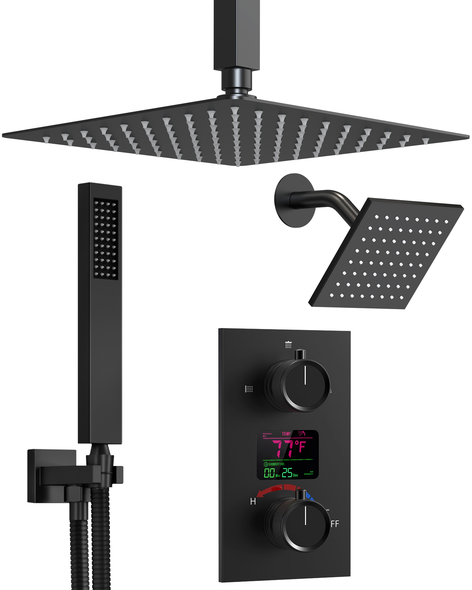 GRANDJOY FL2561-BN IntelliFlow Matte Black 12-Inches Dual Head Built-In Shower Faucet System with 3-way Diverter ( Pressure-balanced Valve Included )