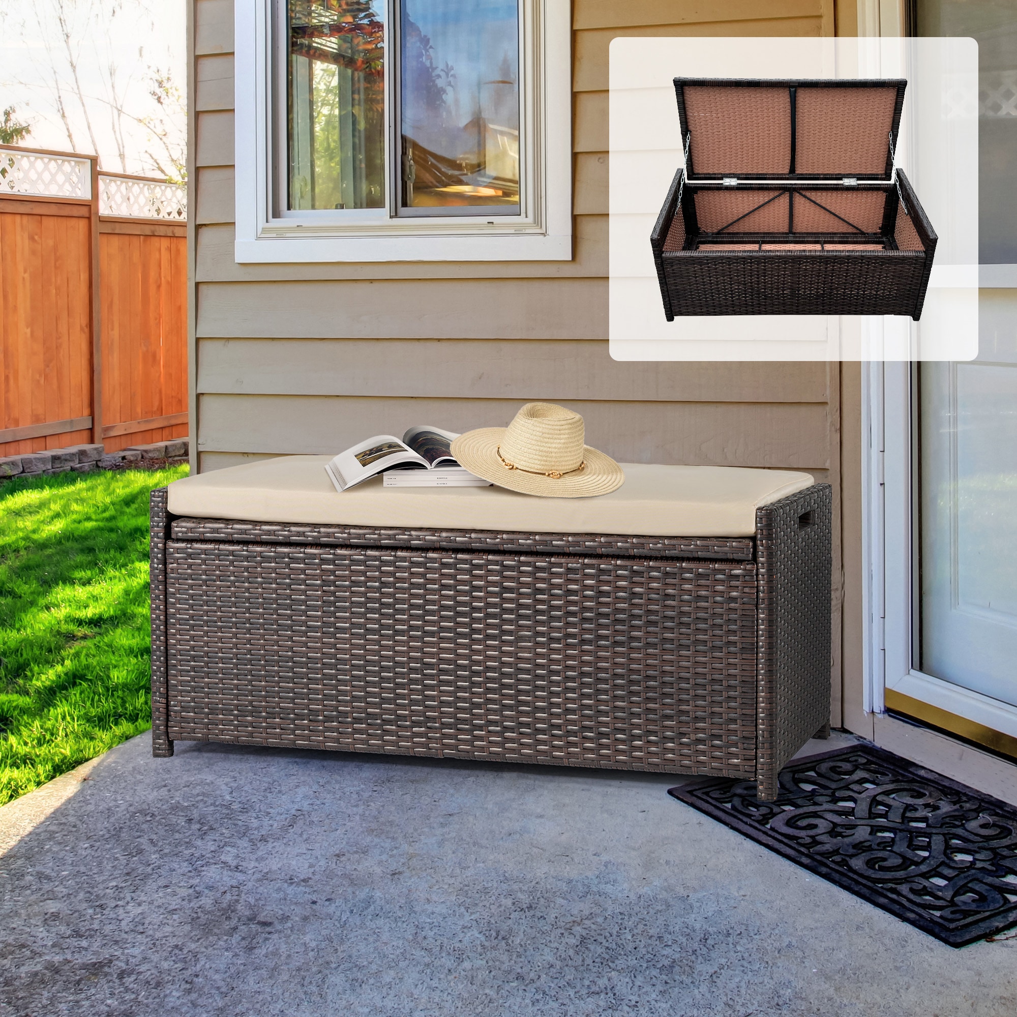 Grearden HZNF035-BG 38.5-in W x 20.74-in H Brown Wicker Rattan Storage Bench