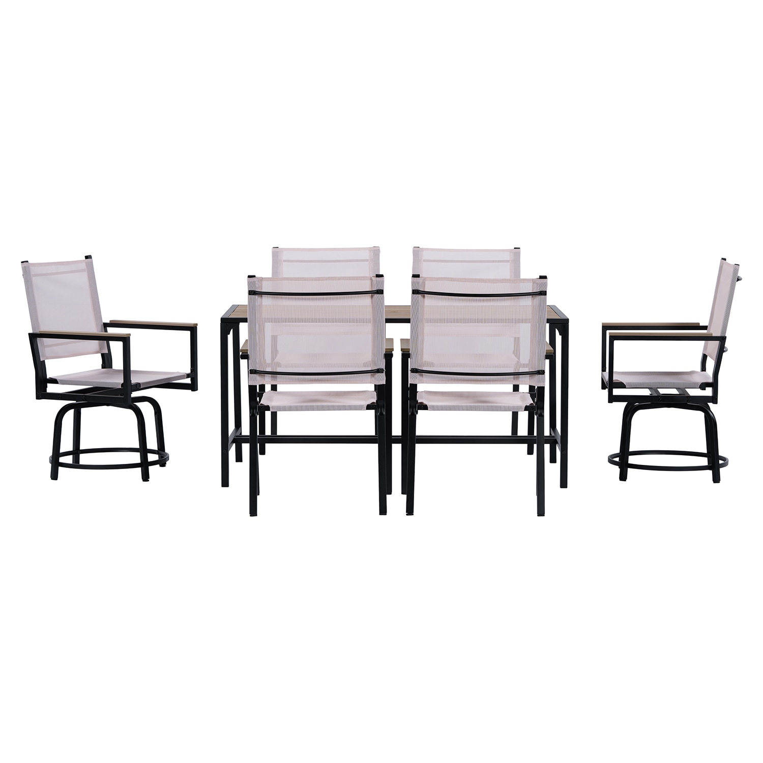 Bybafun YA0200004 7 -Piece Beige Patio Dining Set Steel Rectangle Table with 6 Off-white Swivel Chairs